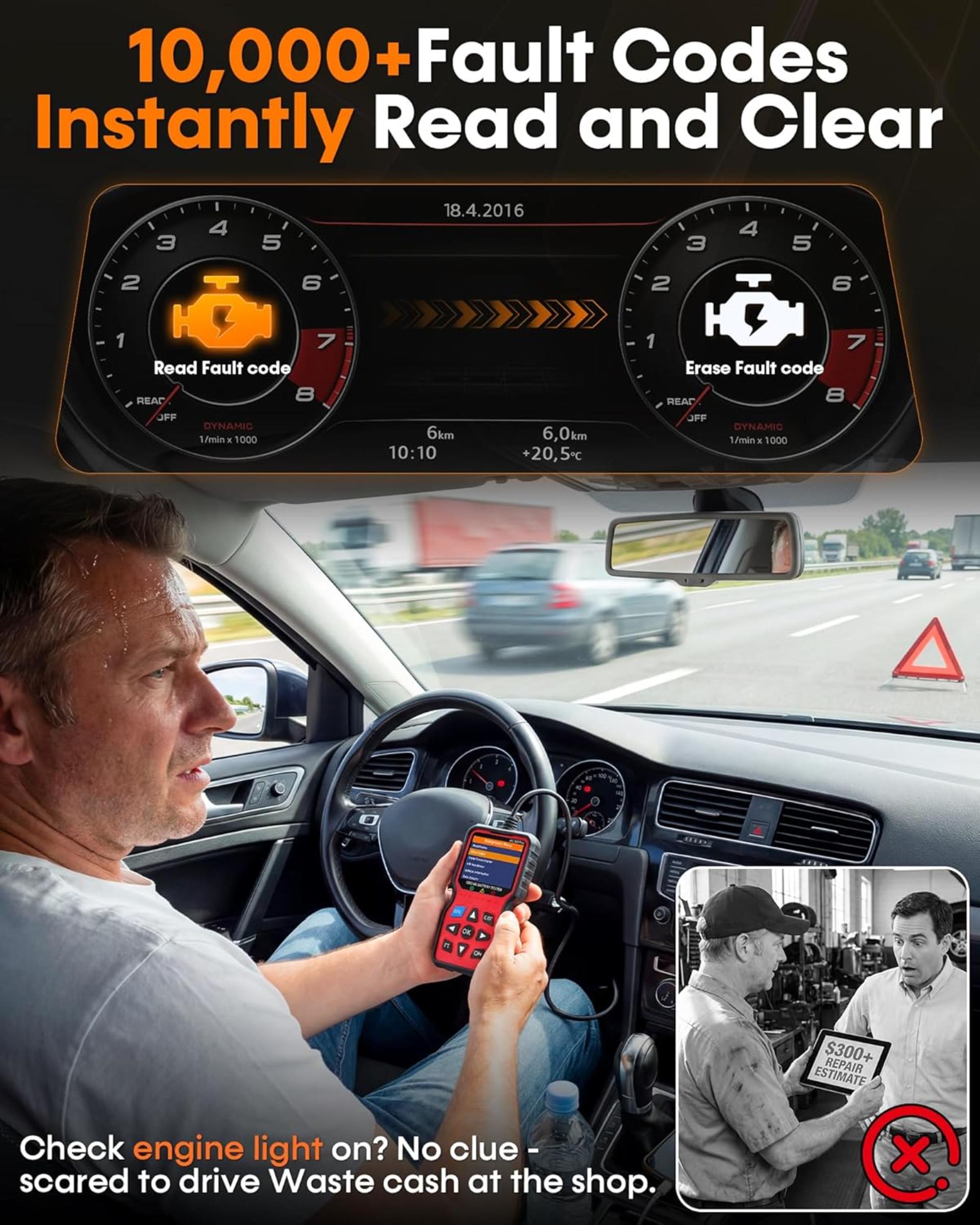 OBD2 Scanner with Battery Tester: 2-in-1 Diagnostic Tool for Check Engine Codes & 12V Battery Health - 5