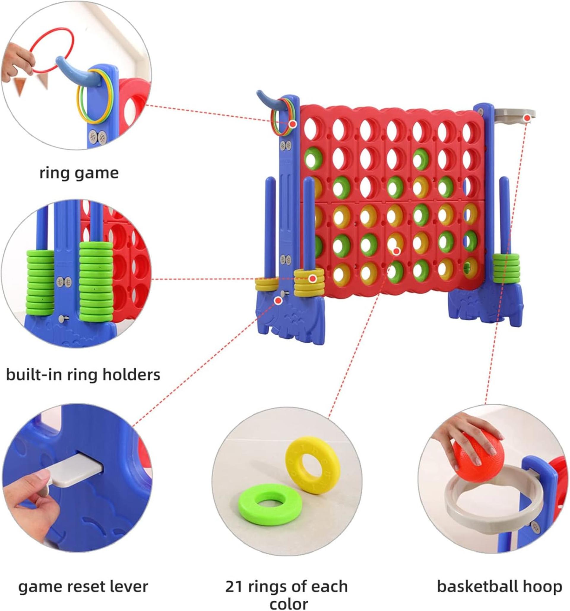 Giant 4-in-a-Row Game with Carry Bag, 3-in-1 Jumbo 4-to-Score Set with Basketball Hoop and Ring Toss - 3