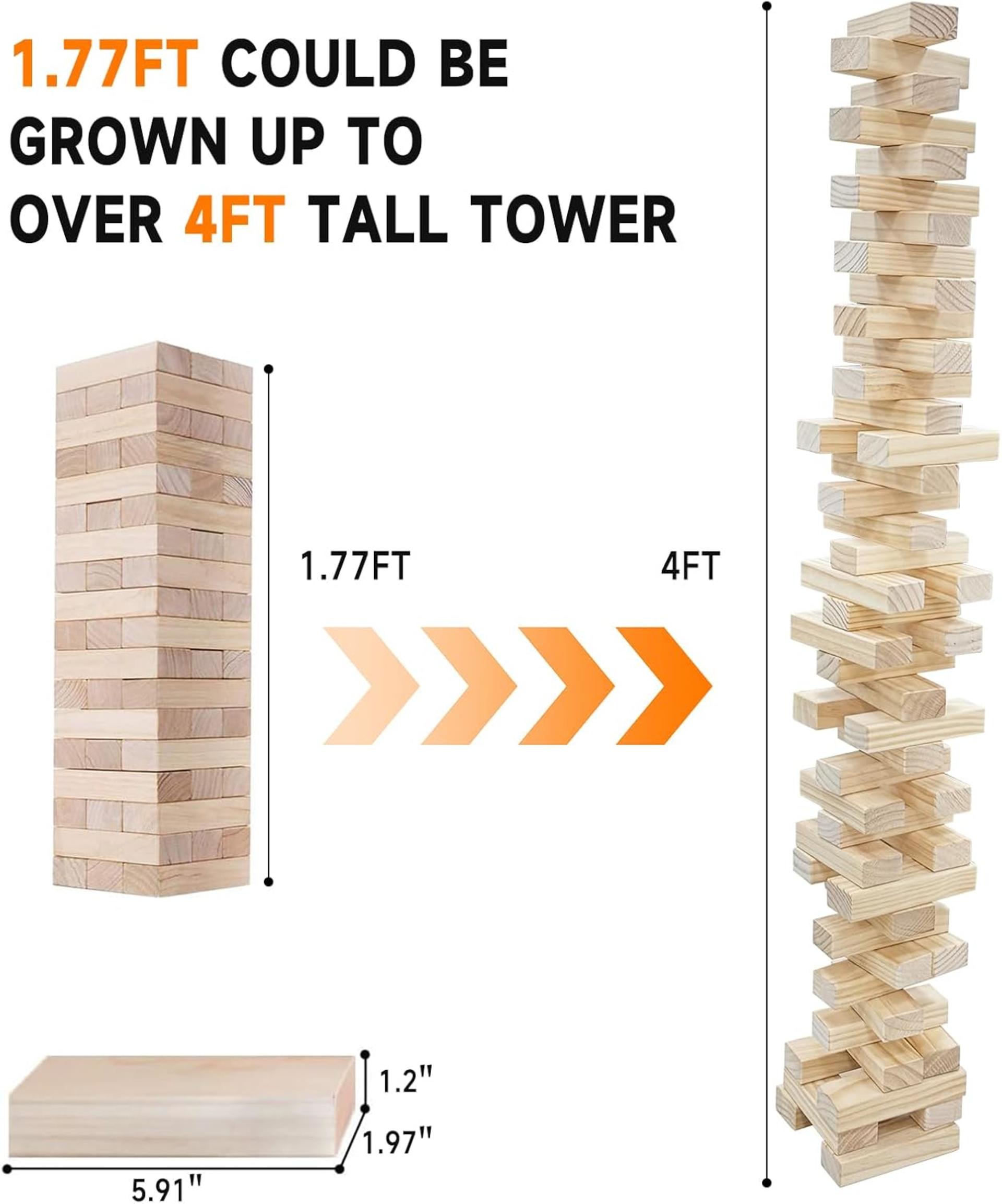 Giant Tumbling Tower Stacking Game - Premium Pine Wood Blocks (1.77ft to 4+ft) - 2
