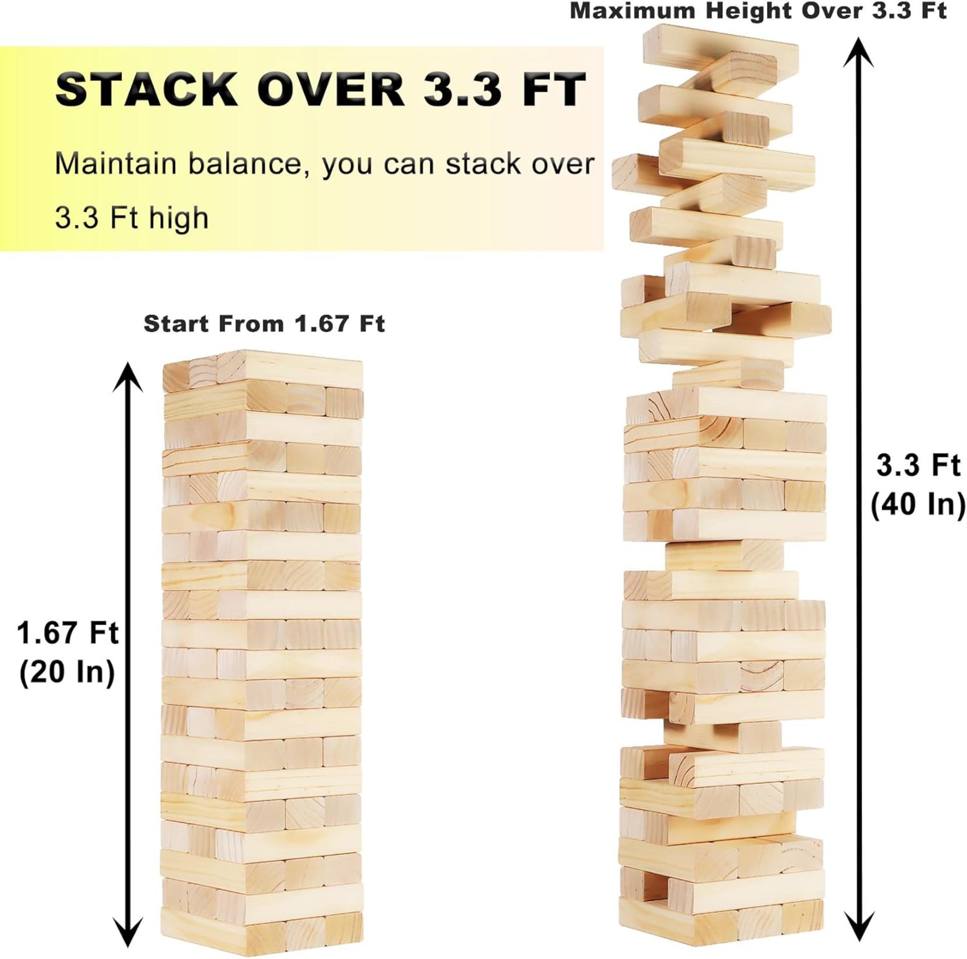 Tumbling Tower Game - 60 Premium Wood Blocks, 3.3FT Outdoor Stacking Set with Carry Bag - 2