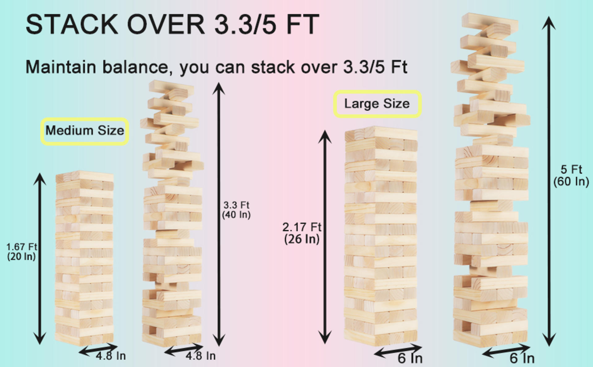 Tumbling Tower Game - 60 Premium Wood Blocks, 3.3FT Outdoor Stacking Set with Carry Bag detail 1
