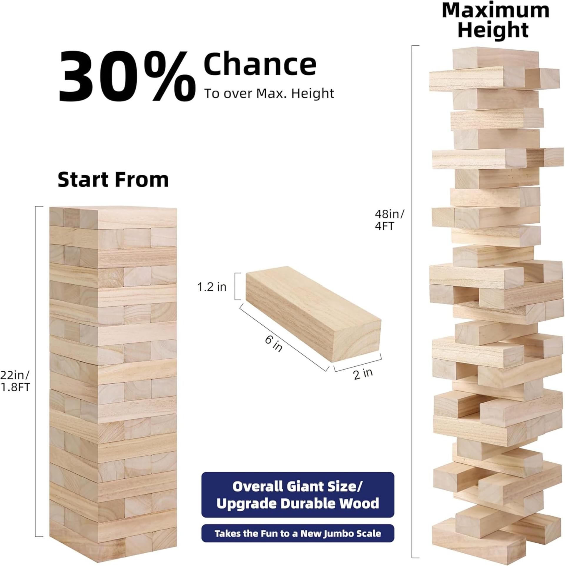 Giant Tumble Tower Game - 54pcs Wooden Jumbo Blocks Stacking to Over 4 FT with Carry Case - 2