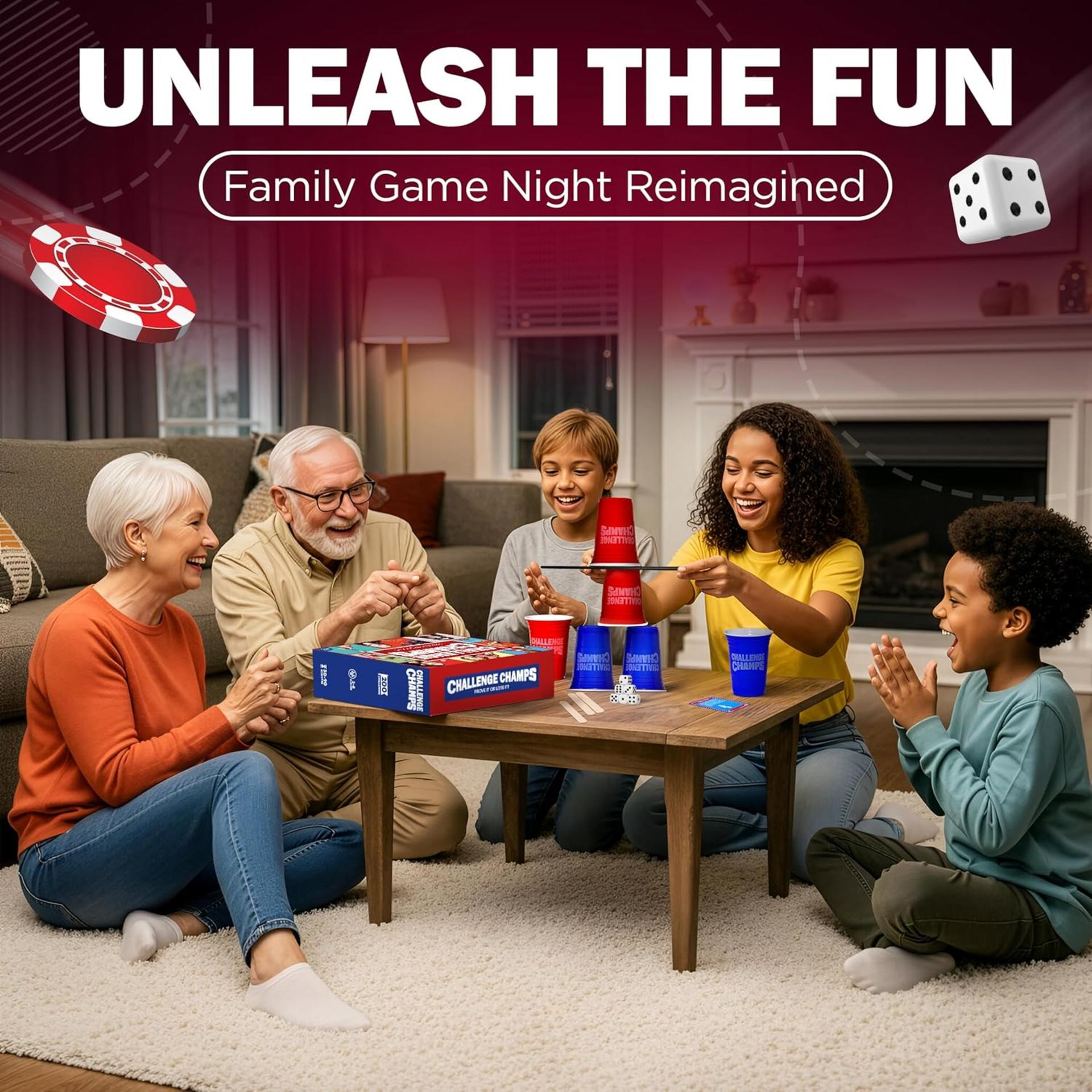 Action Party Game - 200 Skill Challenges for Team Building and Family Night with 10+ Accessories - 6