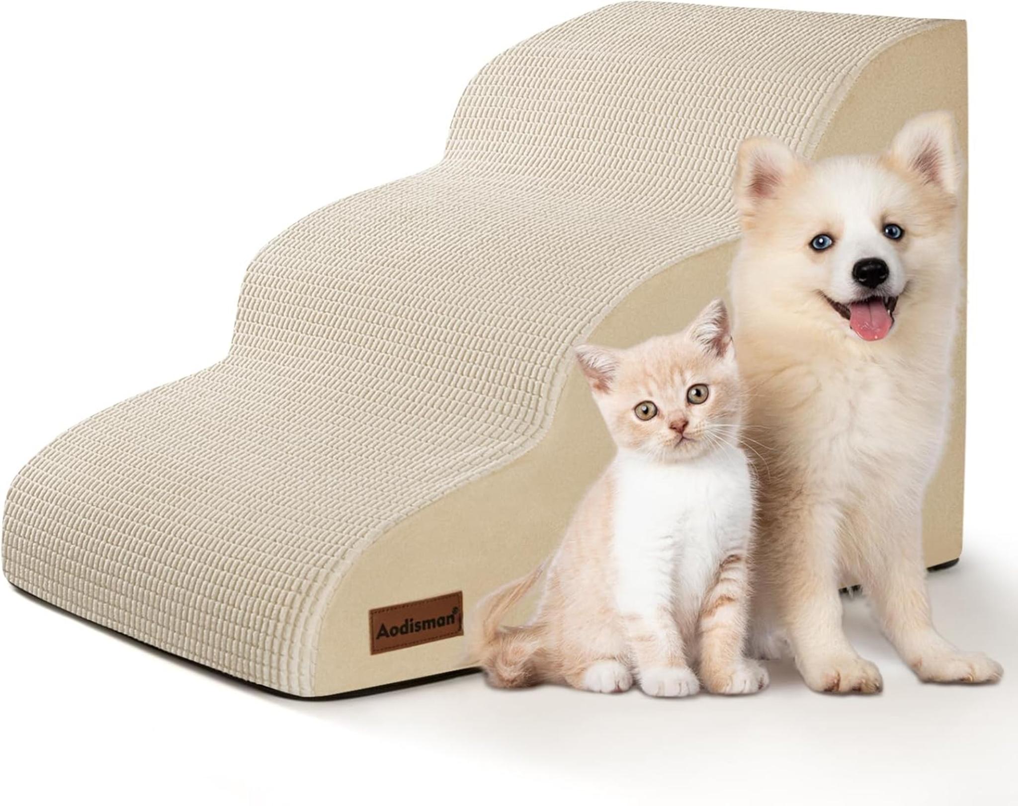 3-Step Pet Ramp and Stairs for Furniture - Non-Slip Support for Small Dogs and Cats, 15.7" H, Beige