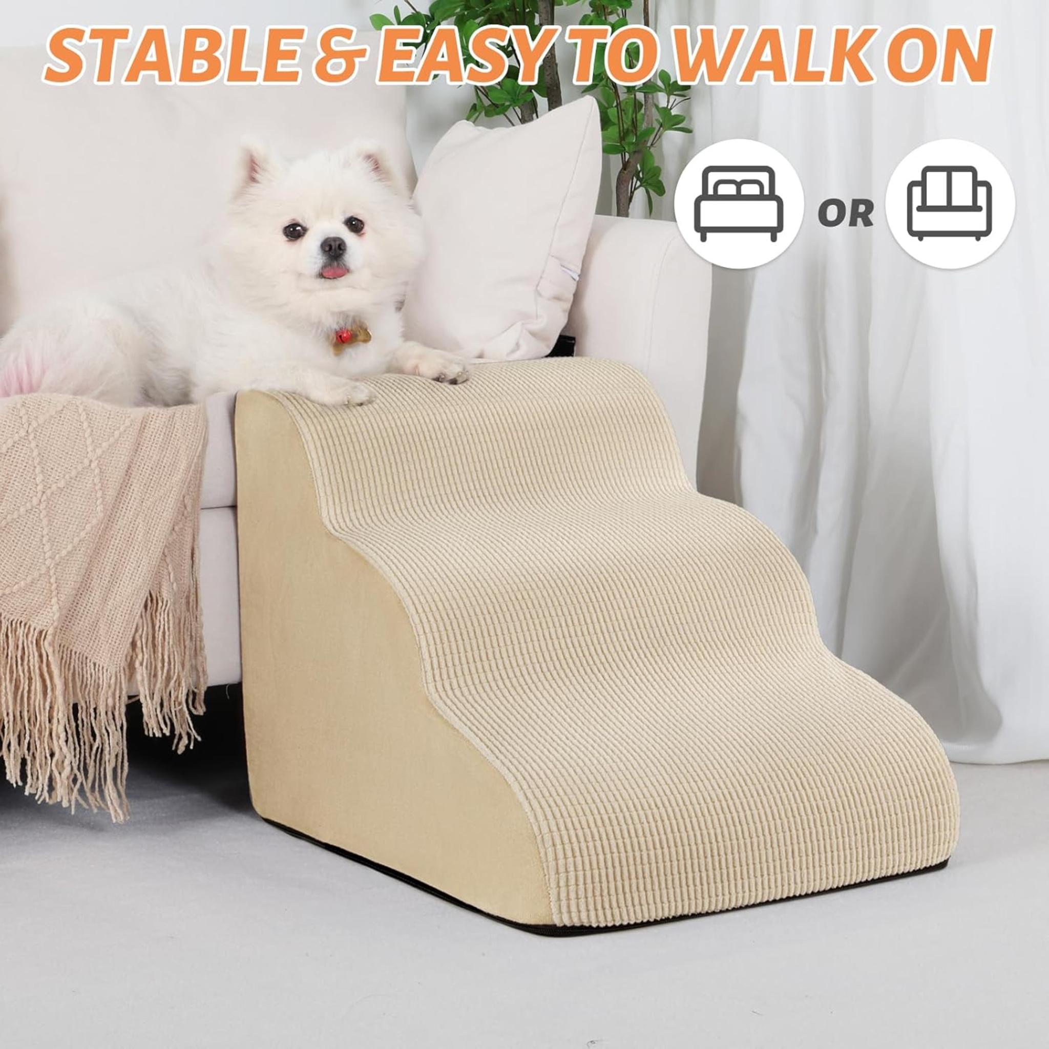 3-Step Pet Ramp and Stairs for Furniture - Non-Slip Support for Small Dogs and Cats, 15.7" H, Beige