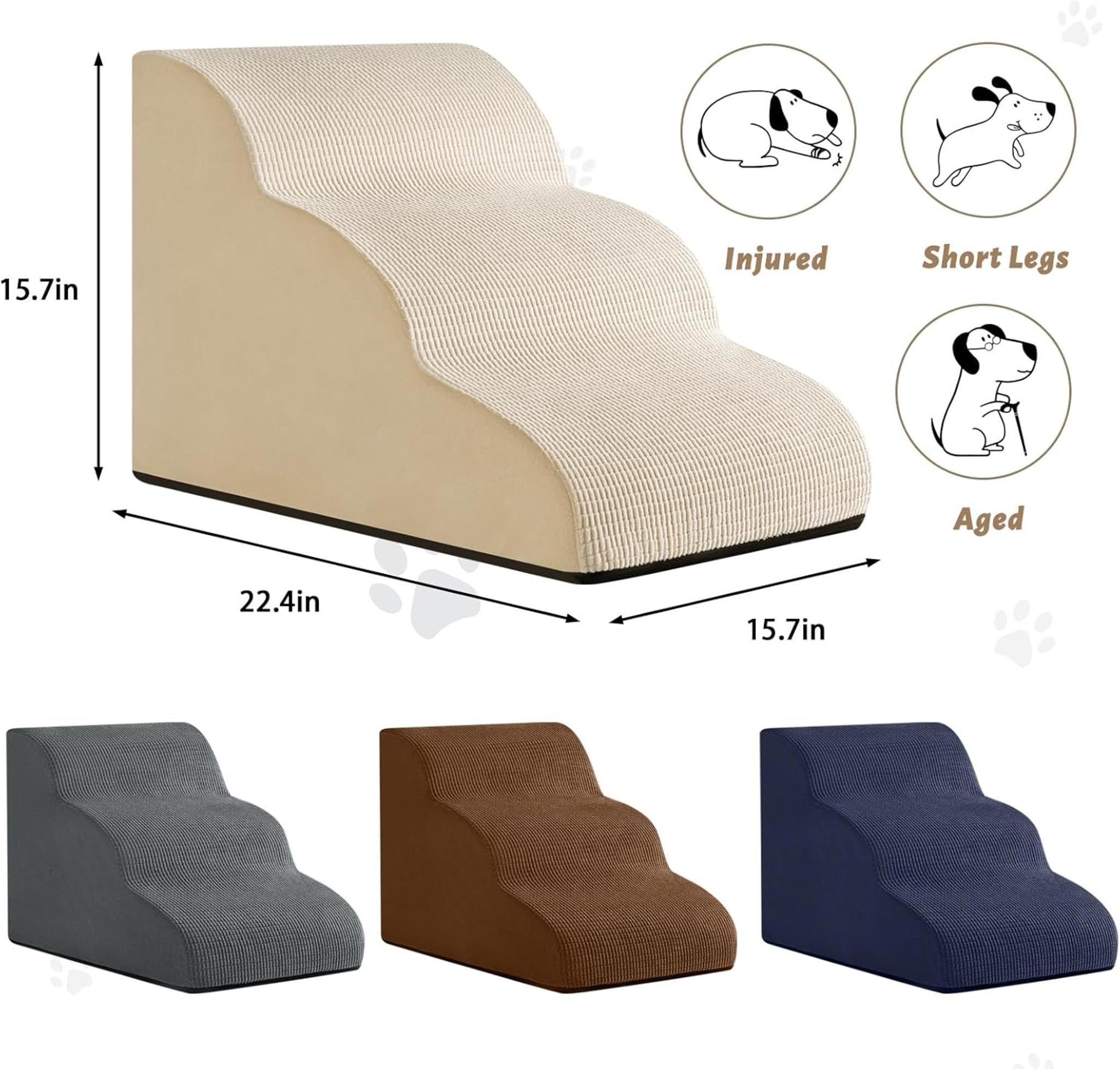 3-Step Pet Ramp and Stairs for Furniture - Non-Slip Support for Small Dogs and Cats, 15.7" H, Beige