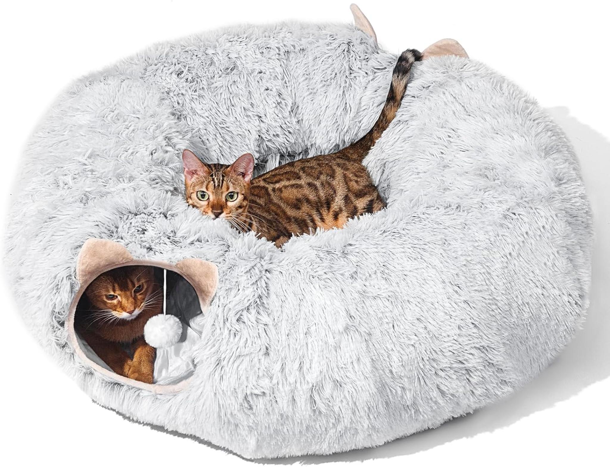 Multifunctional Cat Tunnel with Washable Bed, Soft Plush Hideaway Playground for Indoor Cats