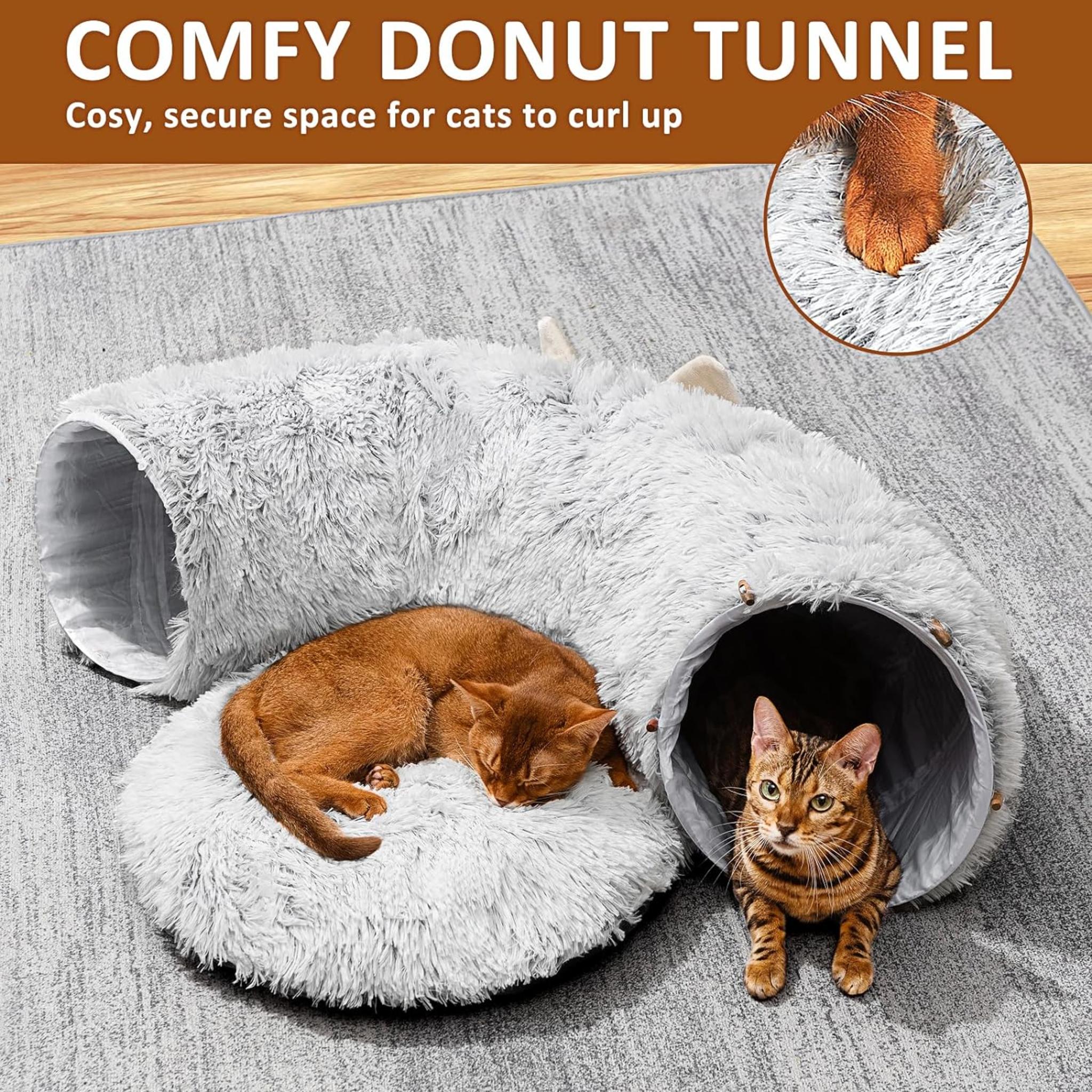 Multifunctional Cat Tunnel with Washable Bed - Soft Plush Hideaway Playground