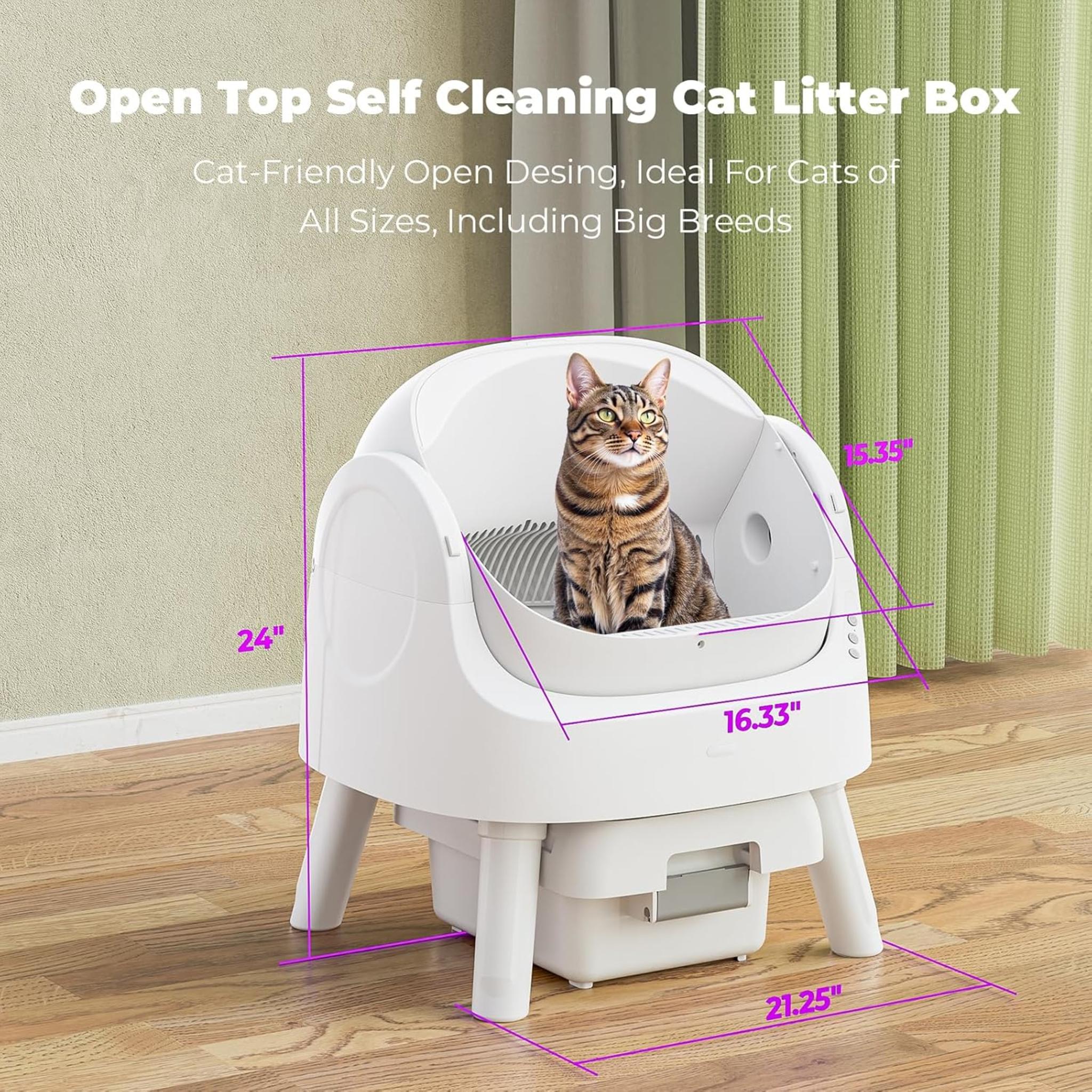 Automatic Self-Cleaning Cat Litter Box - Open Top Design for Multiple Cats