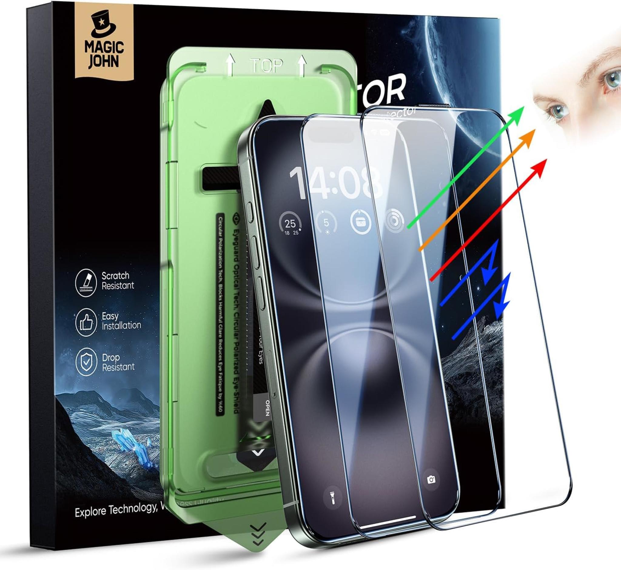 2-Pack iPhone 15Plus/16Plus (6.7") Eye Protection Screen Protector, HD Clear, Auto Dust-Elimination