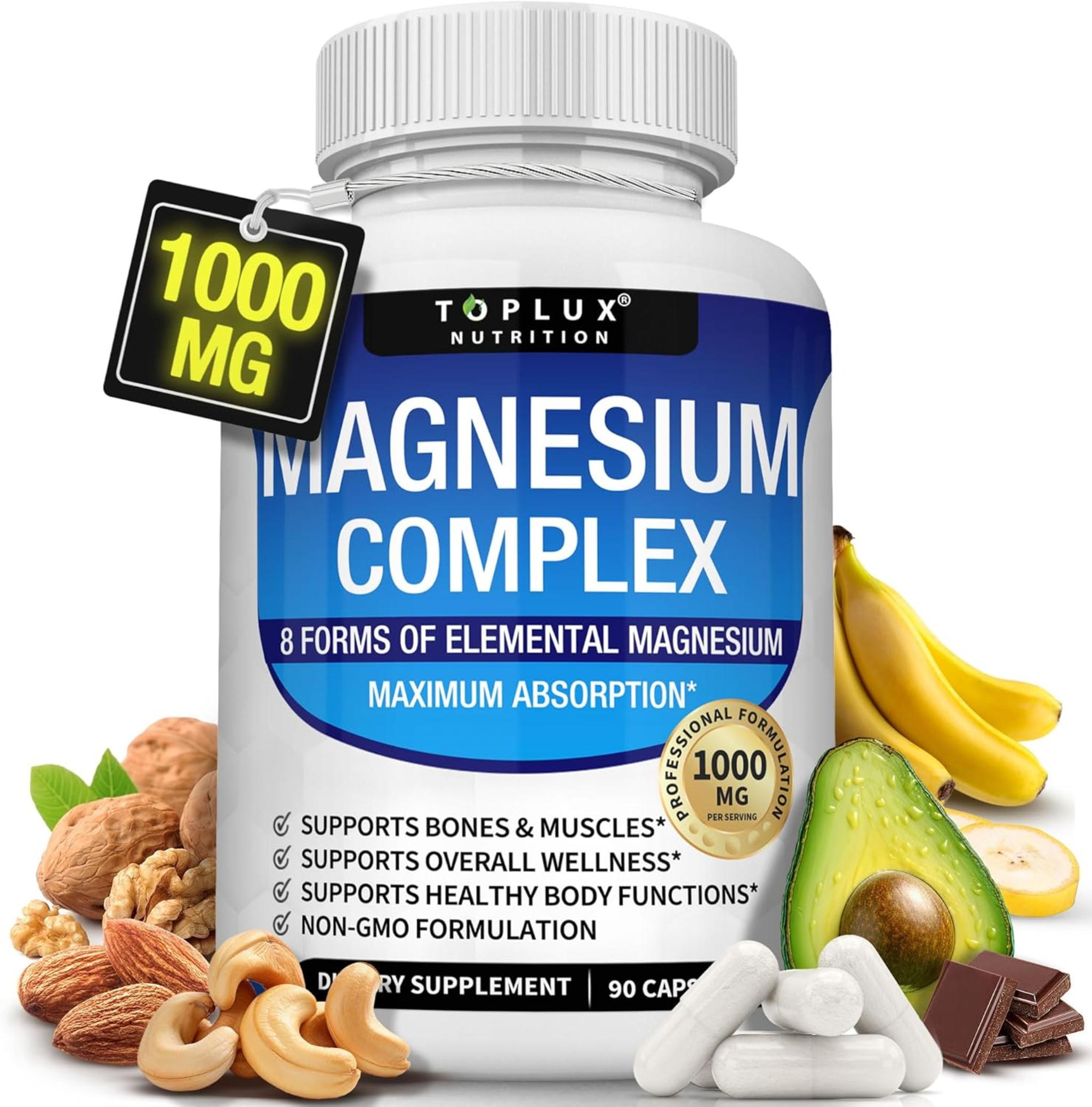 8-Form Magnesium Complex 1000mg - Glycinate, Citrate, Malate for Absorption, Bone & Muscle Support, Vegan, 90 Capsules