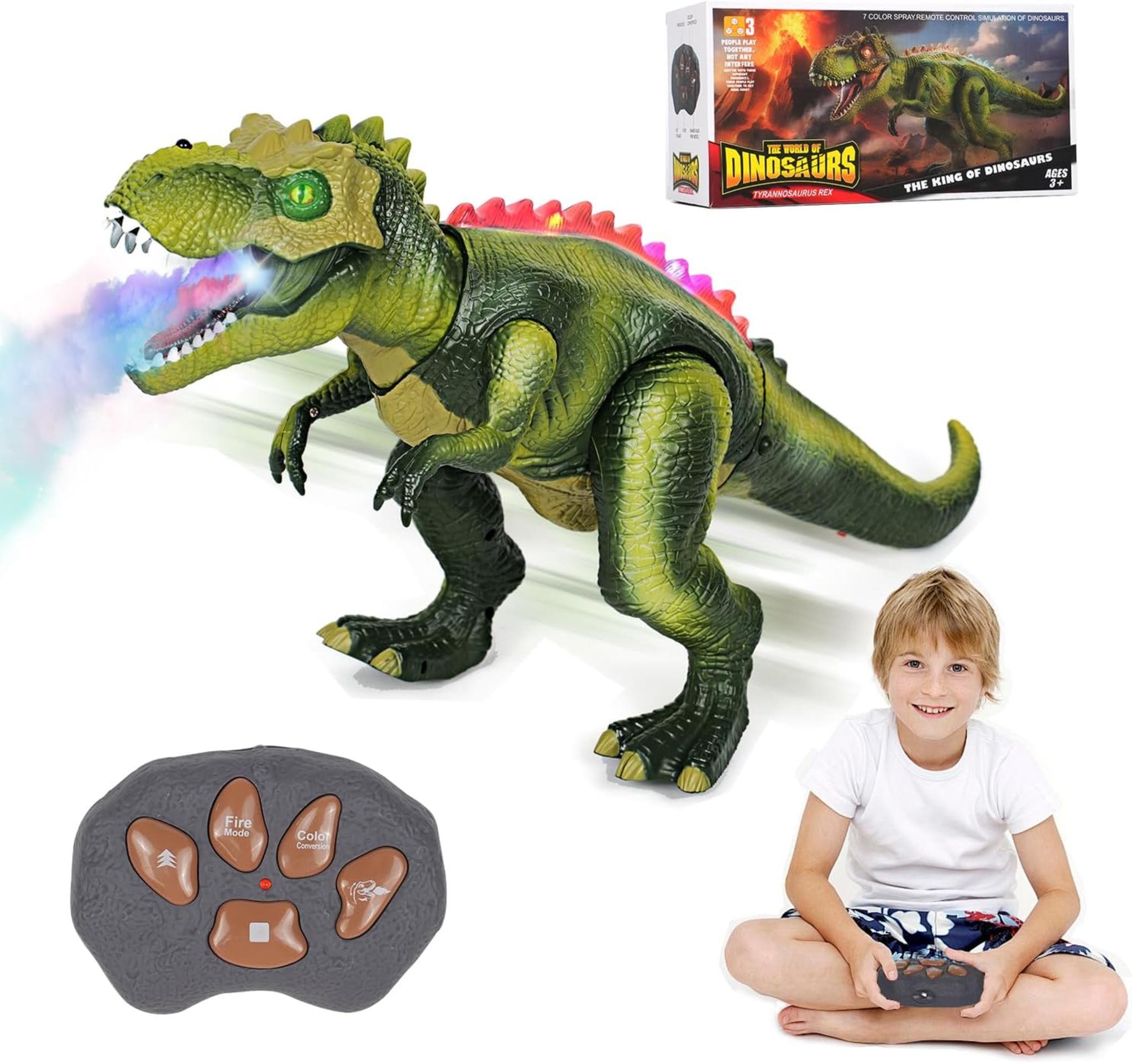 Remote Control T-Rex Dinosaur Toy with LED Lights, Fog Spray & Realistic Roars for Kids 3+