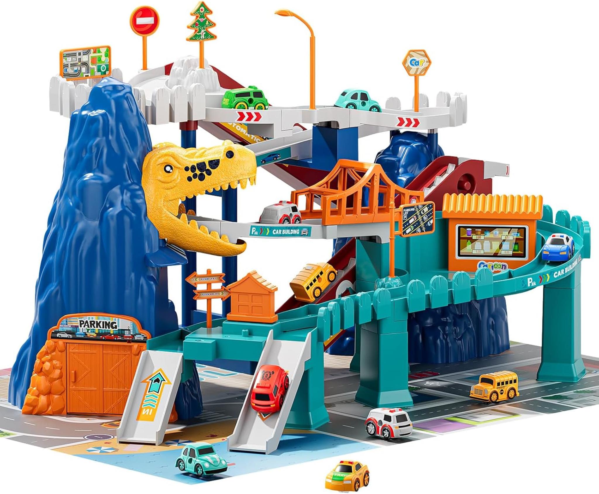 Dinosaur Race Track Playset with 10 Mini Cars, Educational Ramp Garage Toy for Kids Ages 3-8