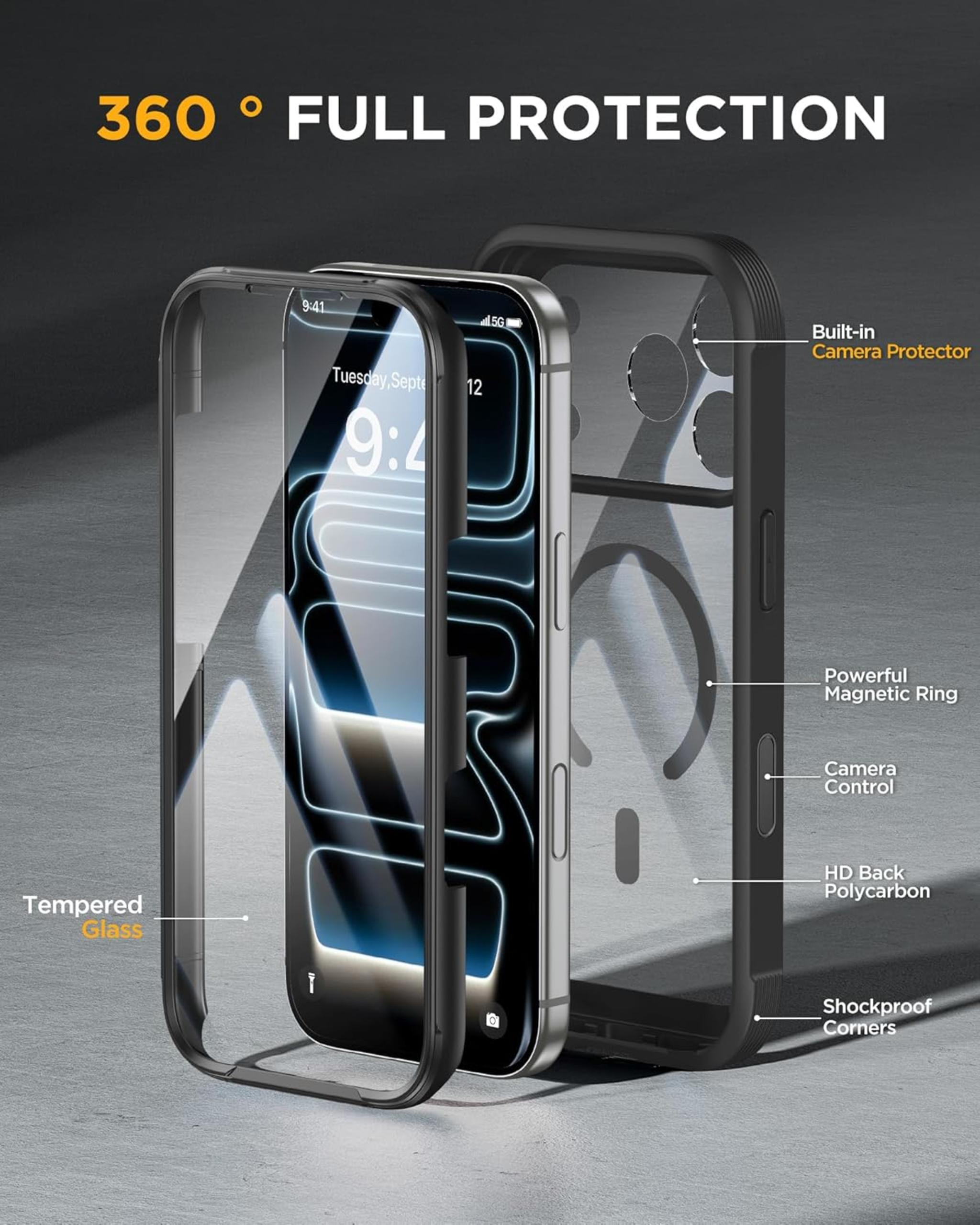 iPhone 17 Pro Max 6.9" Full-Body Case with Built-in Glass Screen & Camera Protector, Magnetic