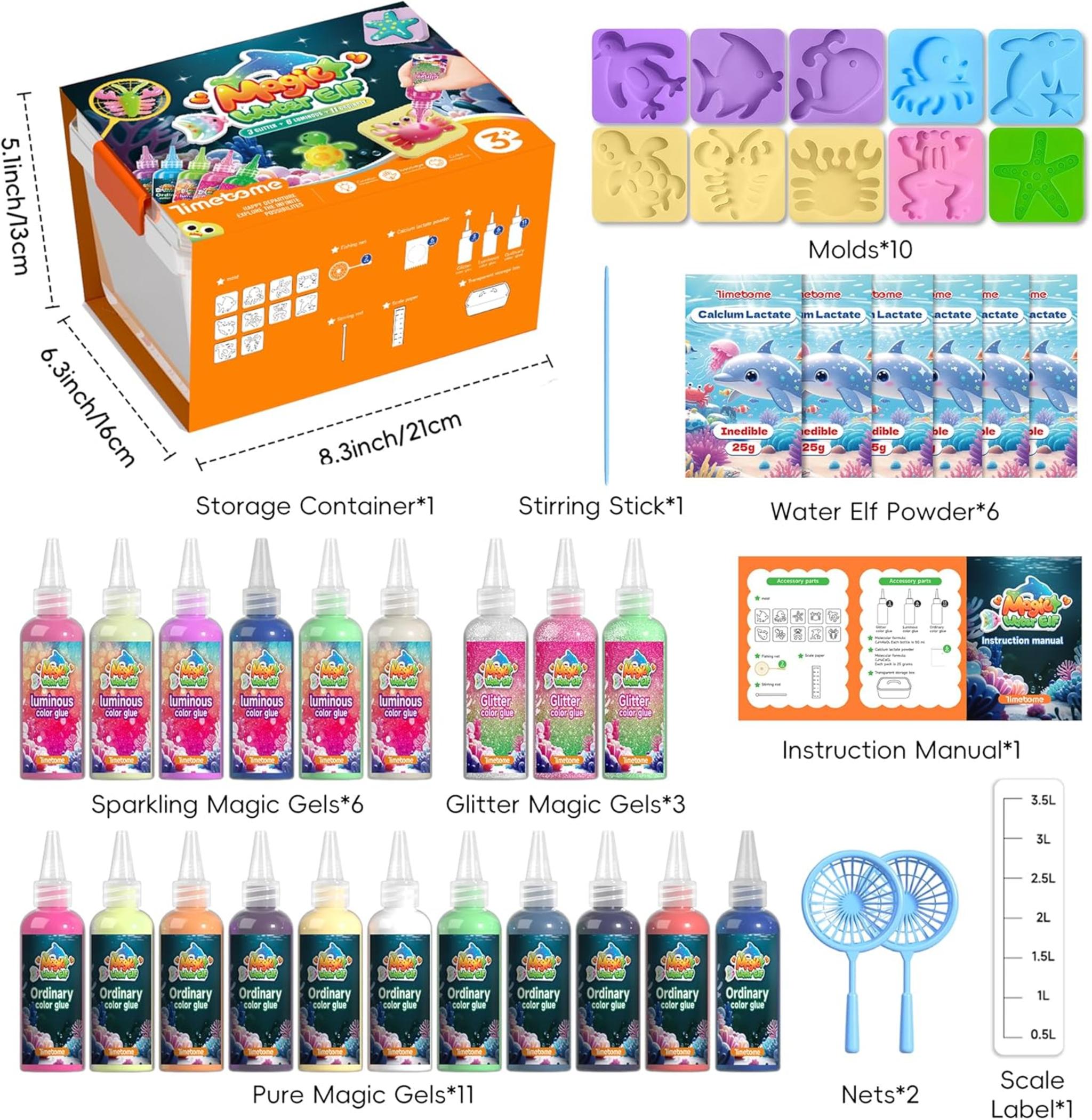 Magic Water Elf Toy Kit - 20 Gels with Glow & Glitter, 10 Molds DIY Squishy Maker