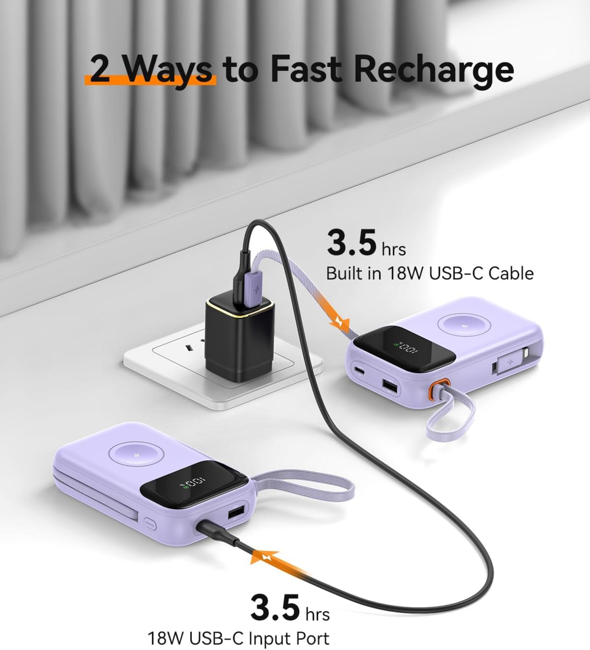 10000mAh Portable Charger with Built-in Cables & 22.5W Fast Charging