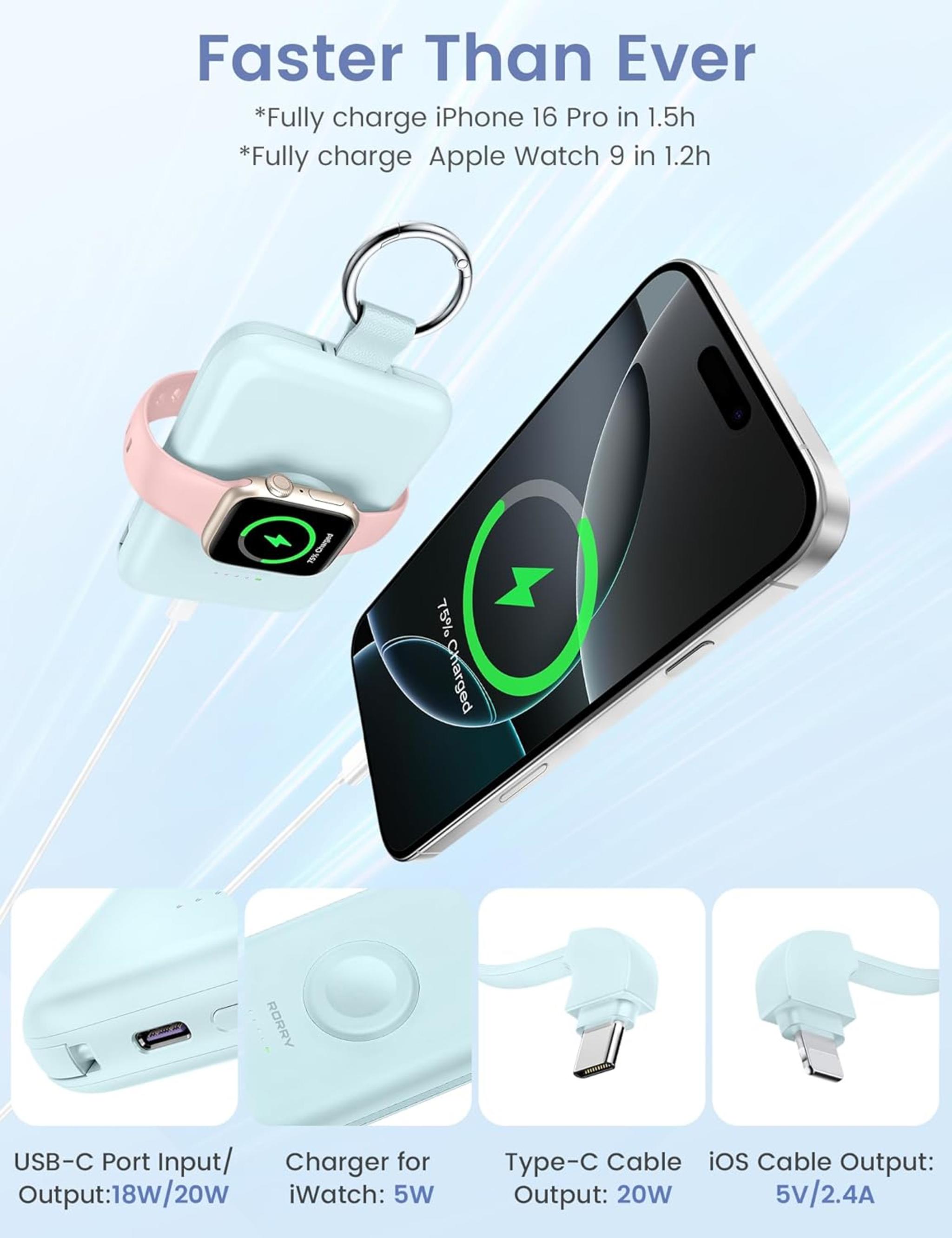 10000mAh PD 20W Fast Charging Power Bank with Built-in Cables