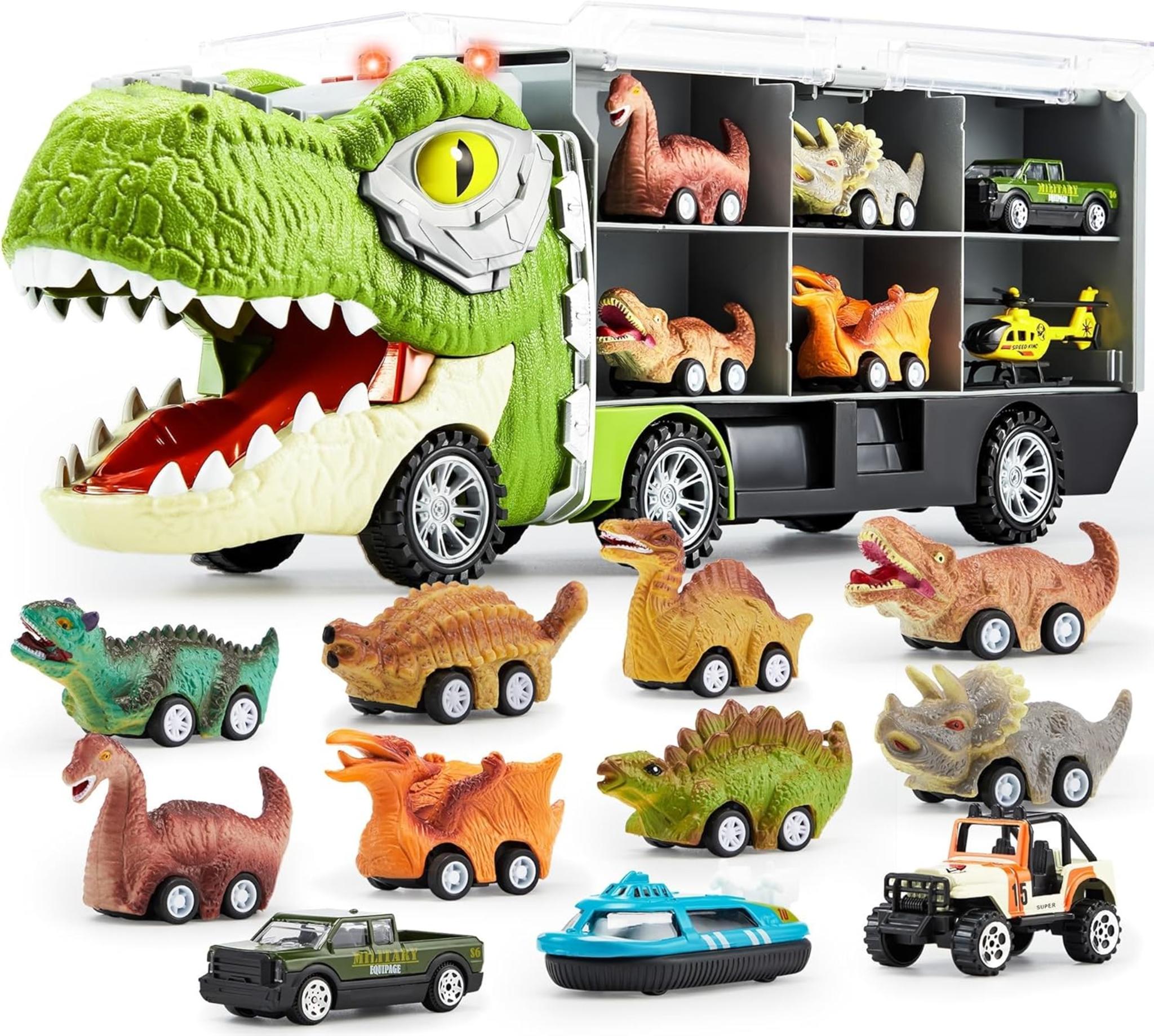 13-in-1 Dinosaur Transport Truck with 12 Pull Back Cars & Sounds, Educational Toy for Kids 3-5 Years