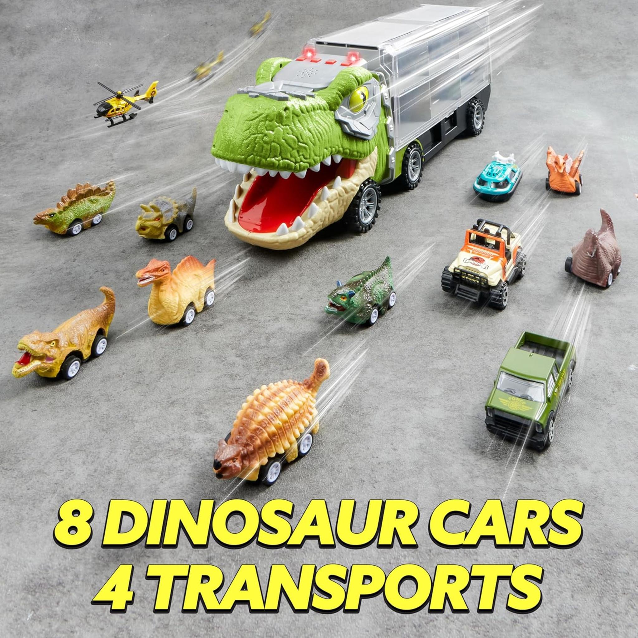 13-in-1 Dinosaur Transport Truck with 12 Pull Back Cars & Sounds