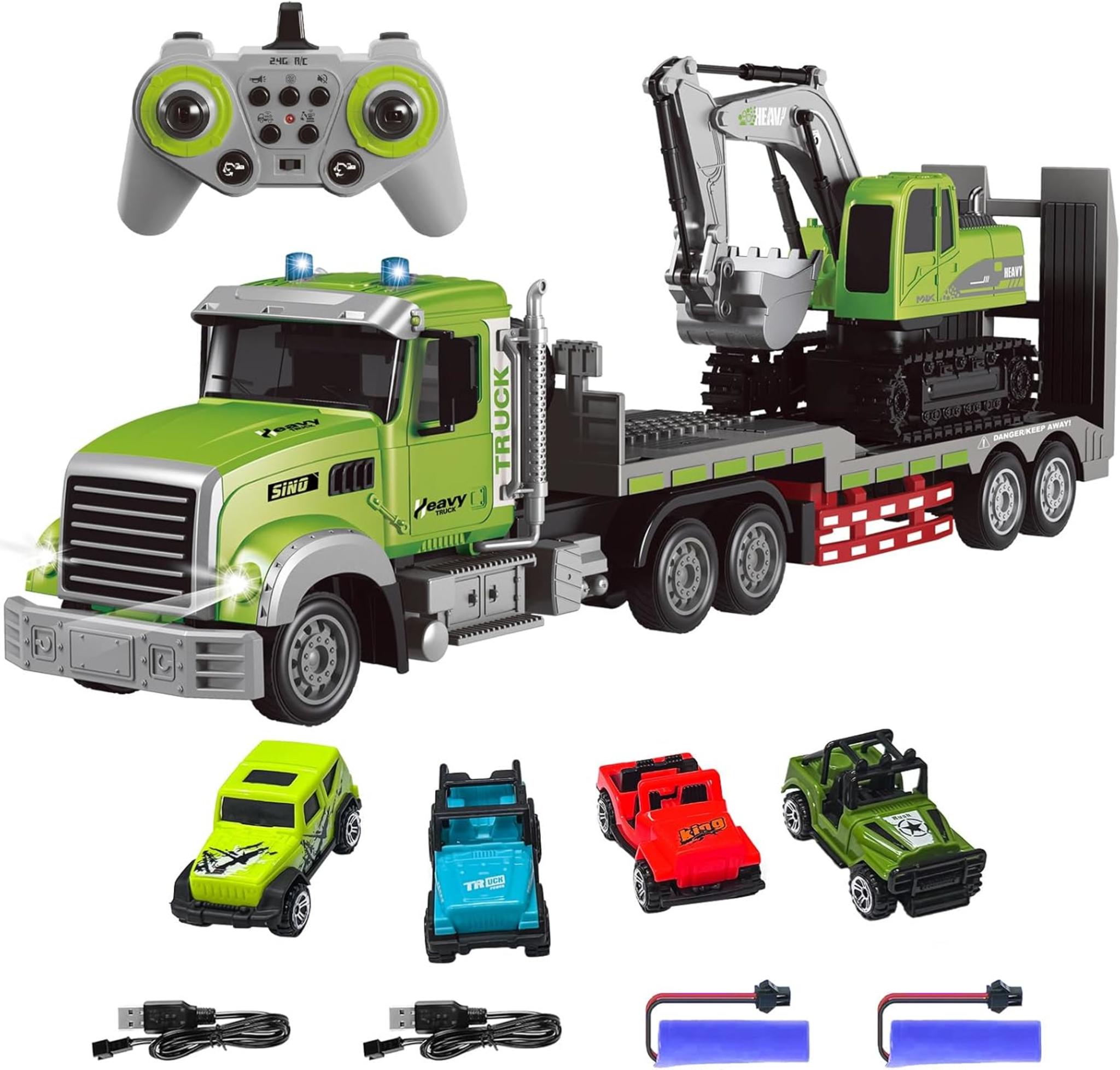 1:12 Scale RC Semi-Trailer Truck & Excavator Set with Sound, Lights, 2.4Ghz Remote Control