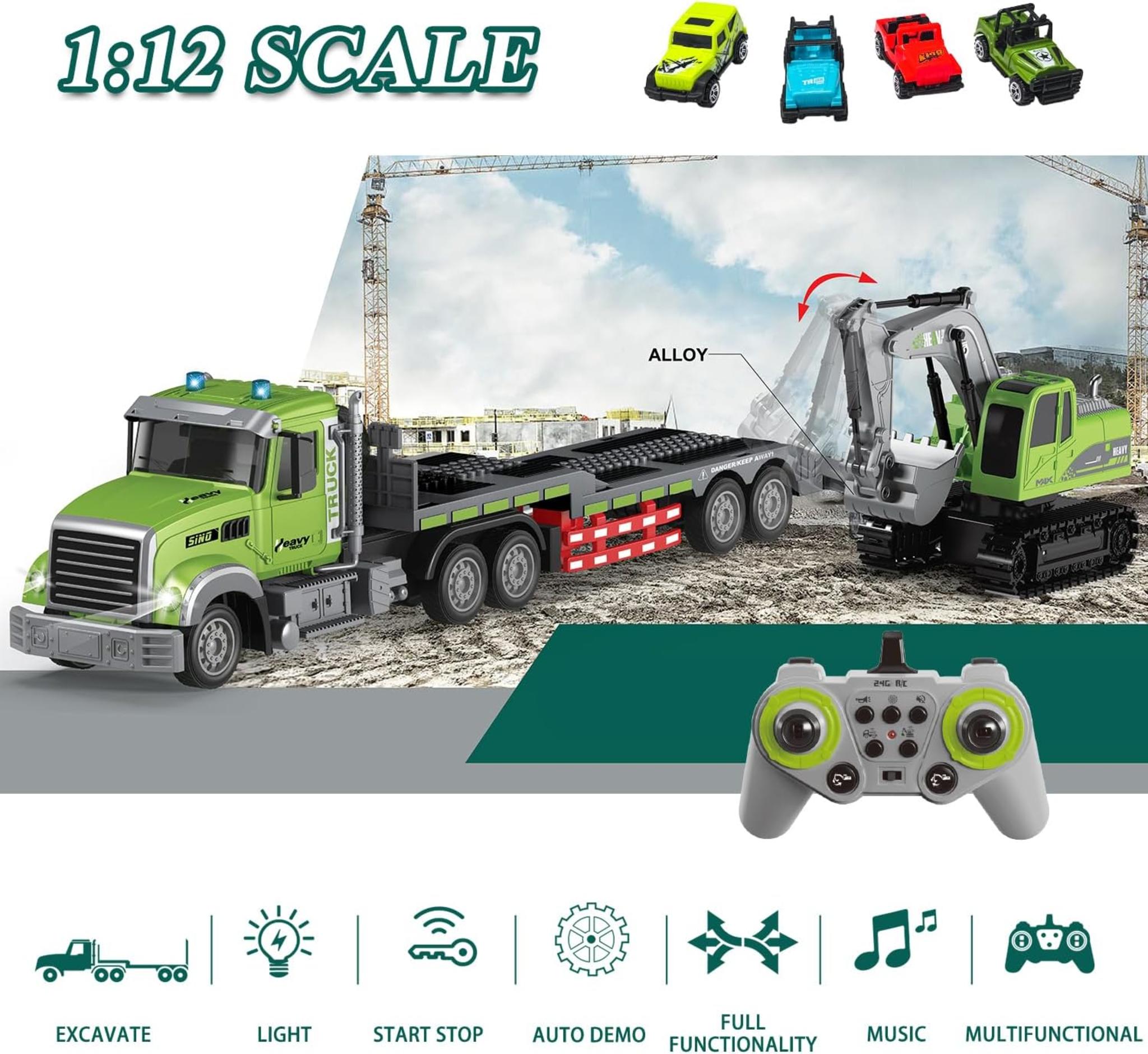 1:12 Scale RC Semi-Truck & Excavator Toy Set with Sound and Lights