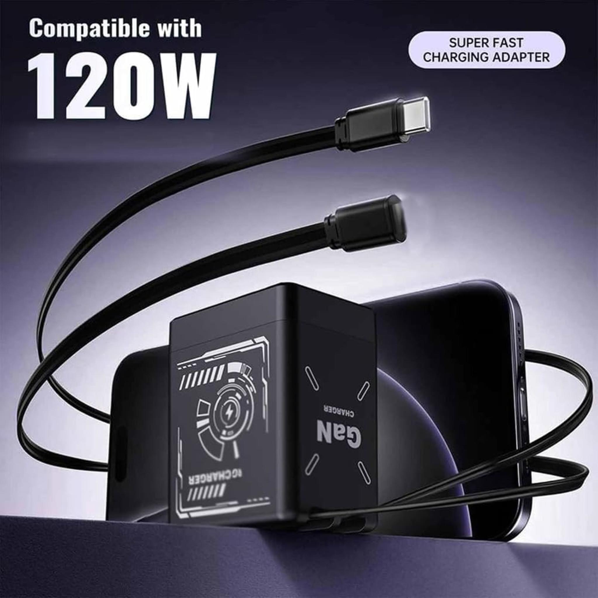 2-in-1 GaN Fast Charger with Retractable Cables, 120W Foldable Wall Adapter