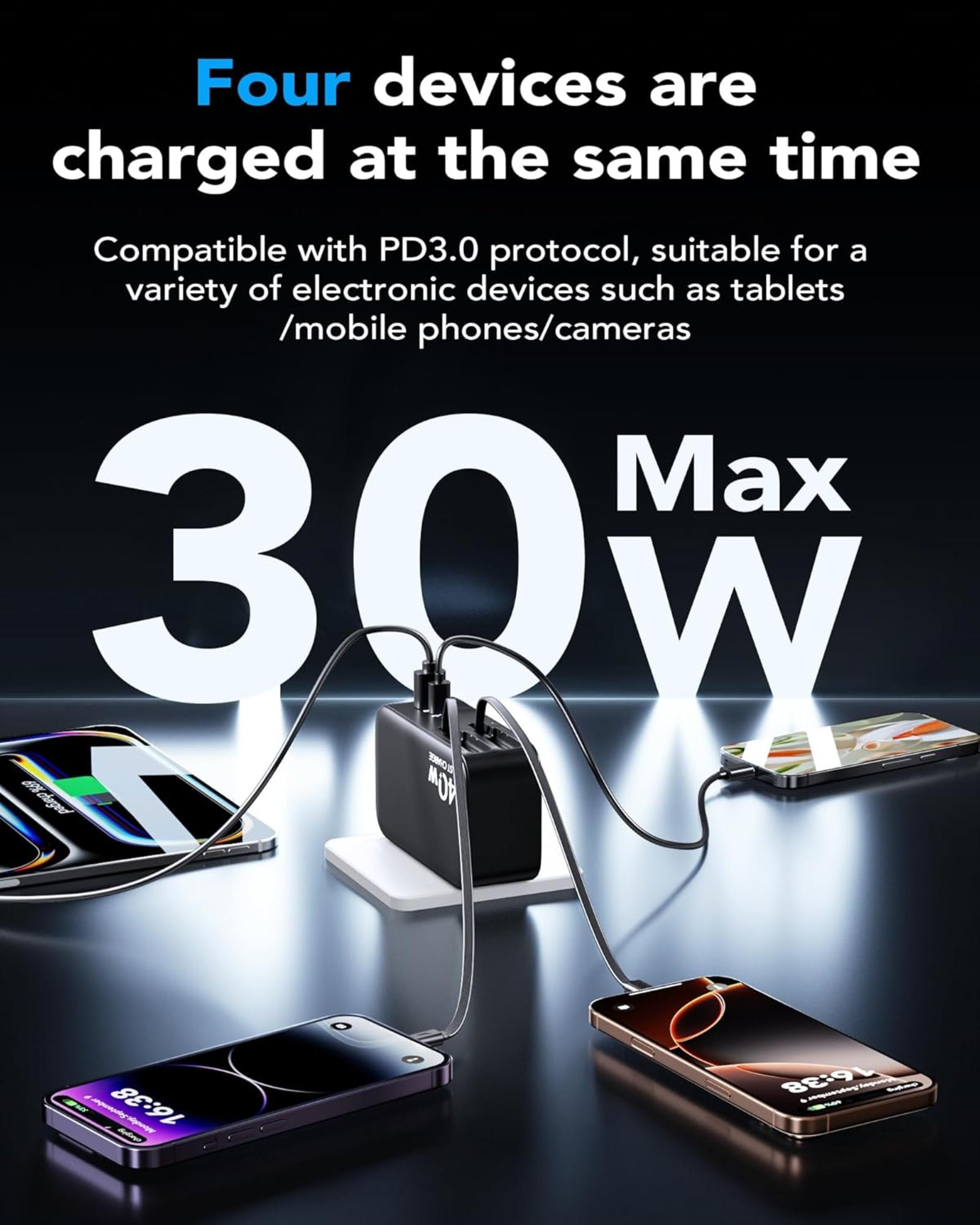 40W 4-in-1 Retractable Wall Charger