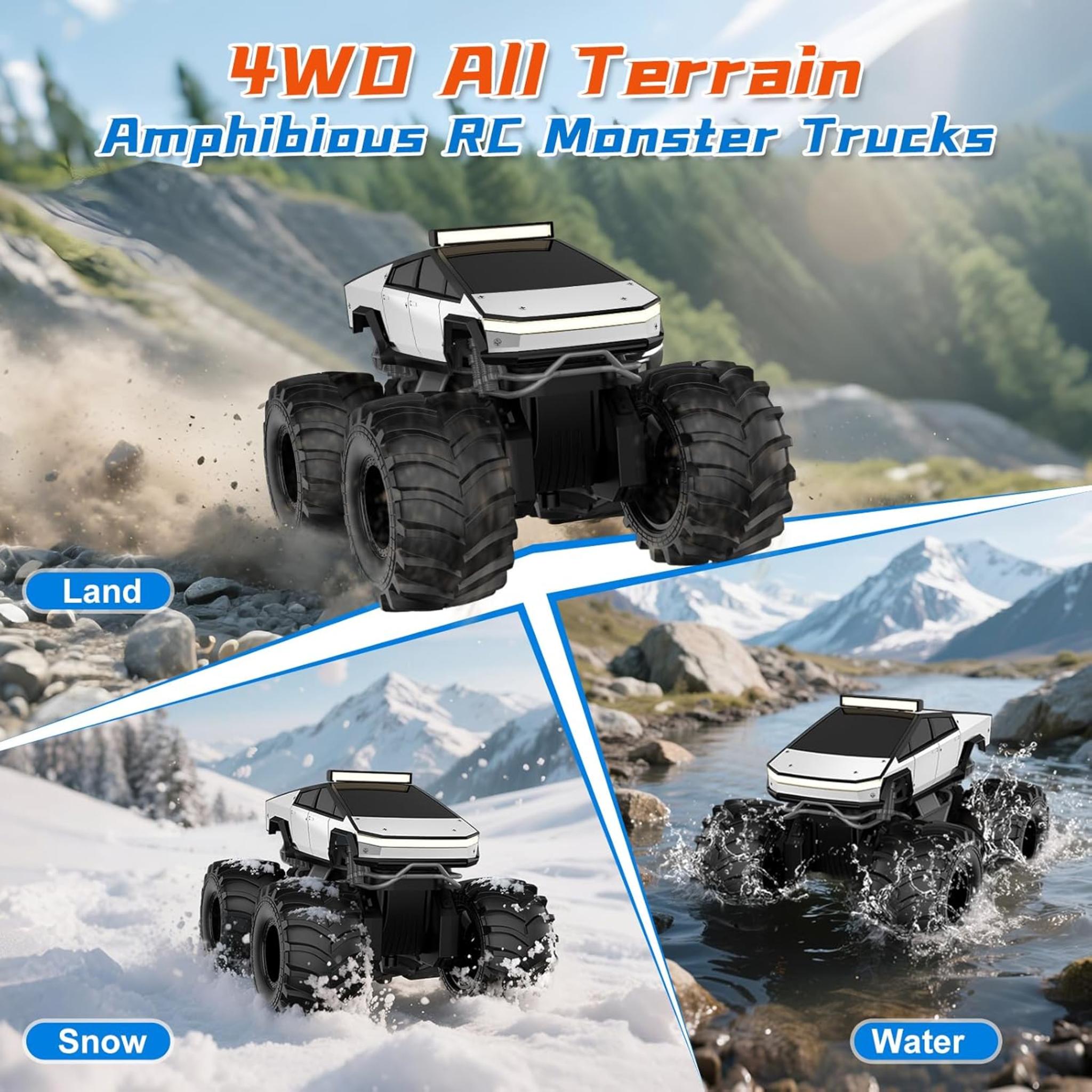 Amphibious Remote Control Car, 1:18 Waterproof RC Truck, 4WD All-Terrain Off-Road Toy for Kids