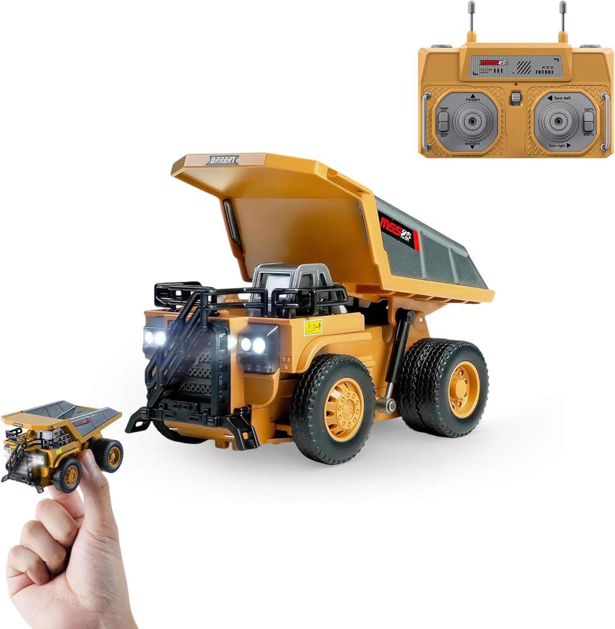 1/64 Mini RC Dump Truck with Metal Bed & Lights, 8-Channel Remote Control Construction Vehicle