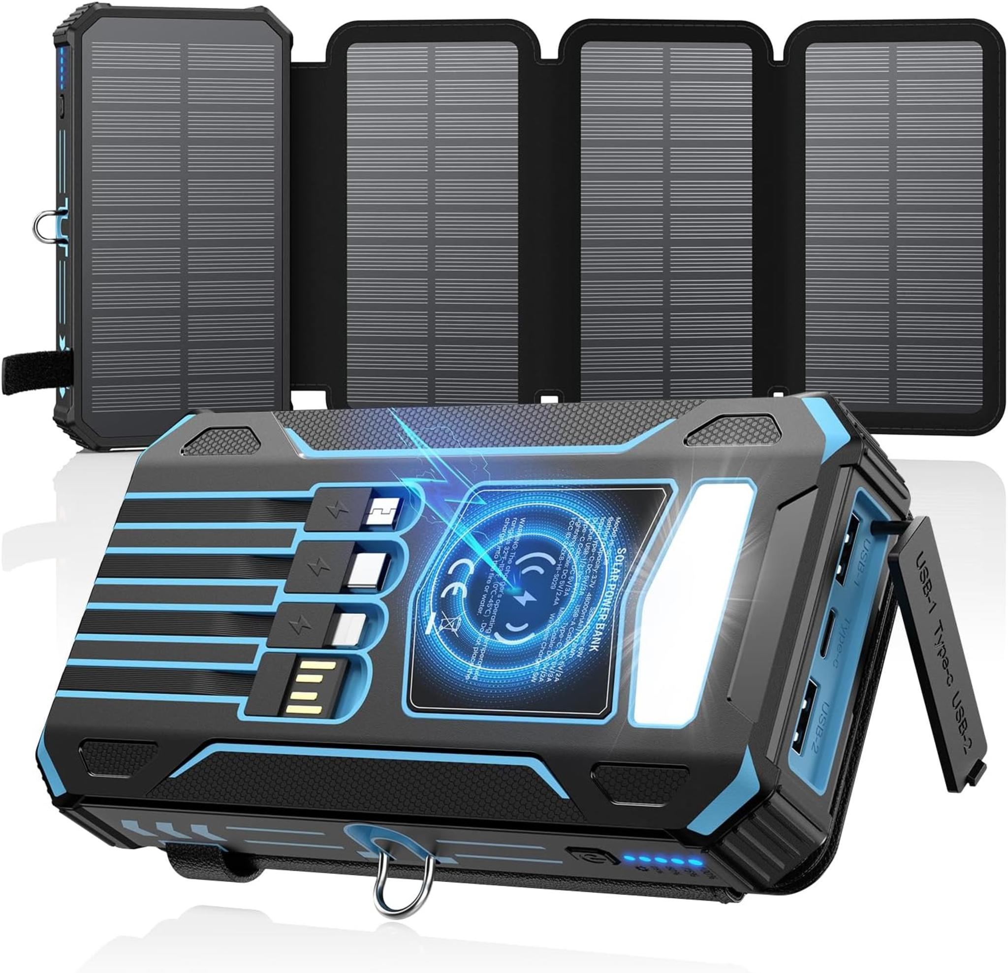 48000mAh Solar Power Bank with 4 Solar Panels, Wireless Charging & Built-in Cables