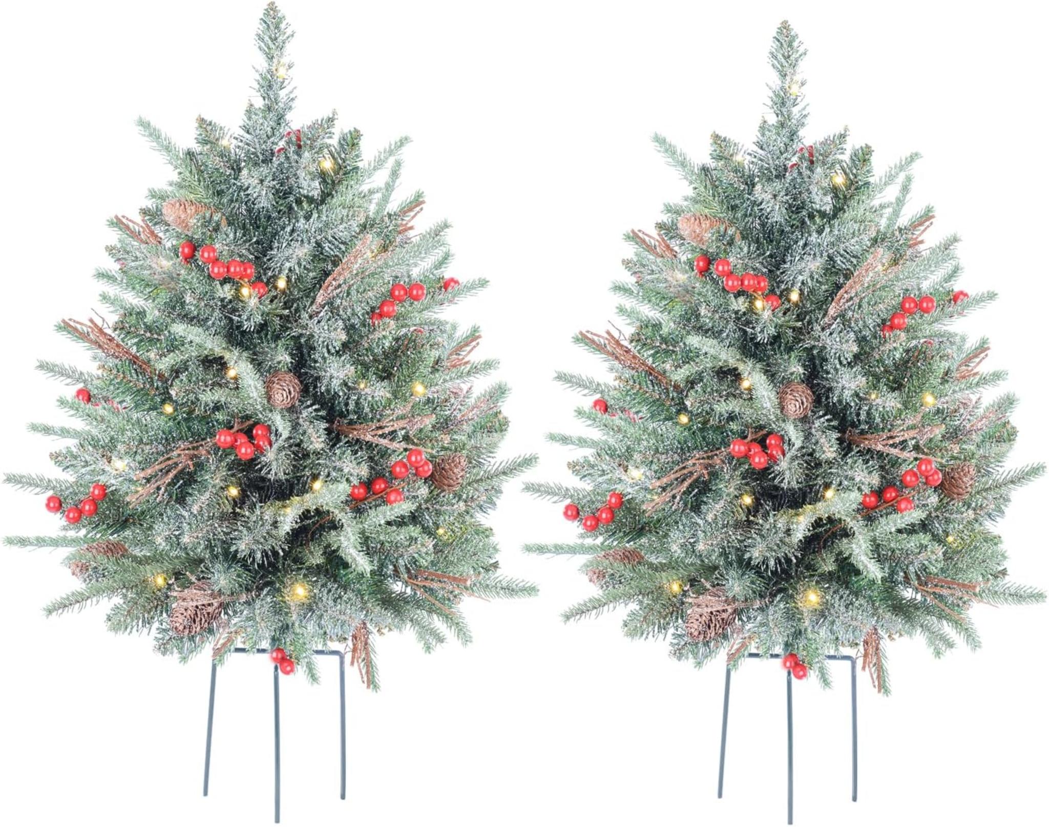 2-Pack 30-Inch Outdoor Prelit Flocked Christmas Trees with 100 LED Battery-Operated Lights