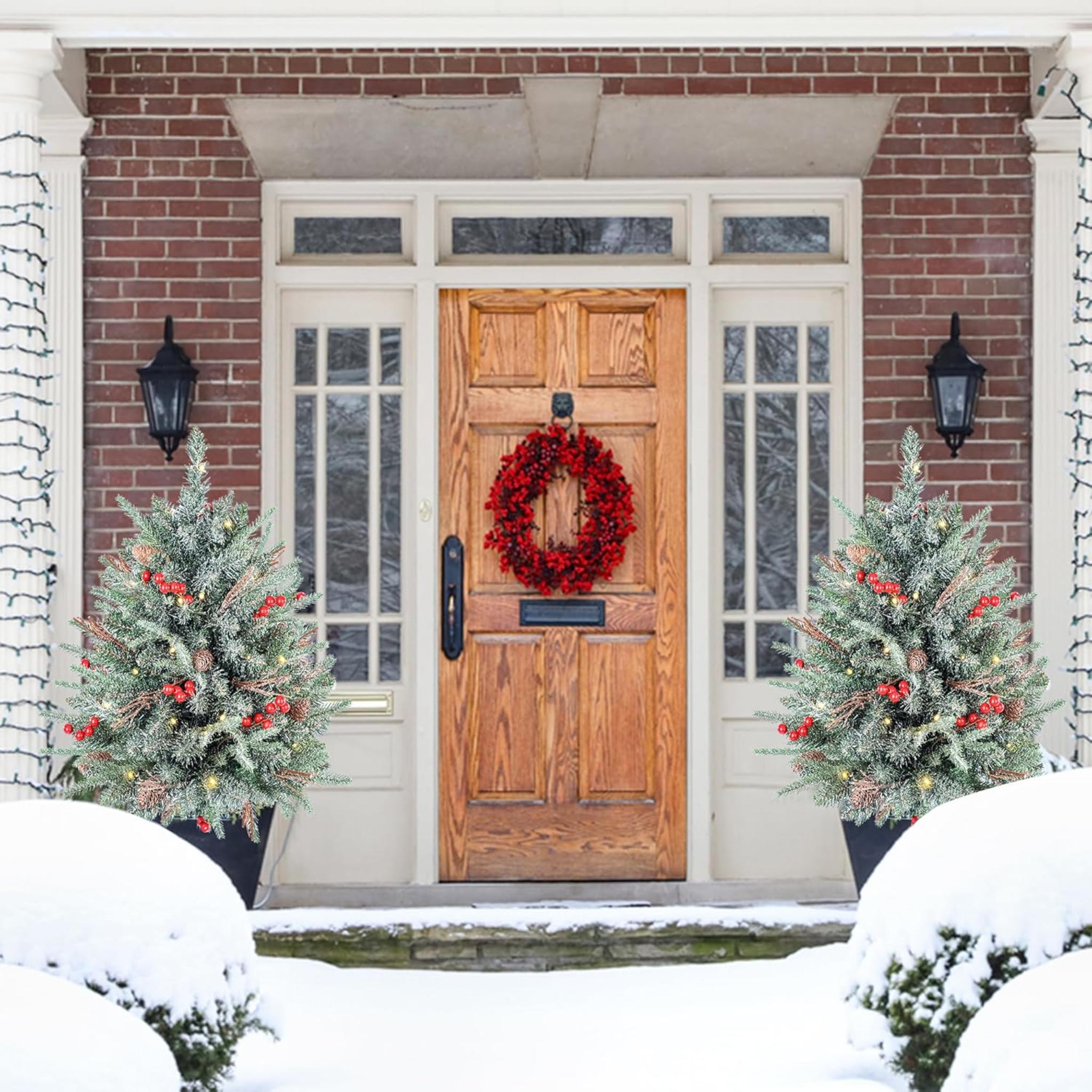 2-Pack 30-Inch Outdoor Prelit Flocked Christmas Trees with 100 LED Battery Lights