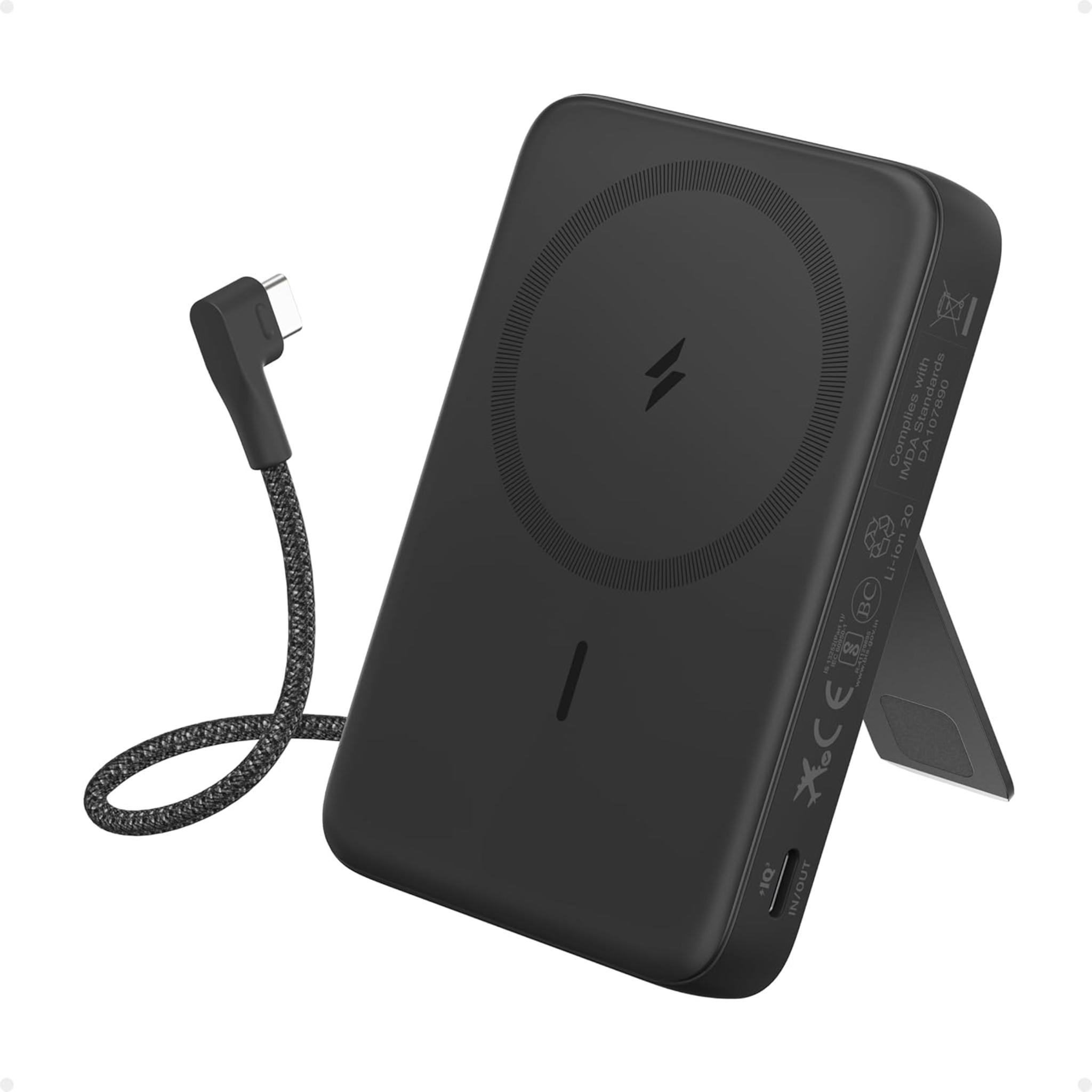 10,000mAh Magnetic Power Bank with 30W Fast Charging, Built-in USB-C Cable & Adjustable Stand