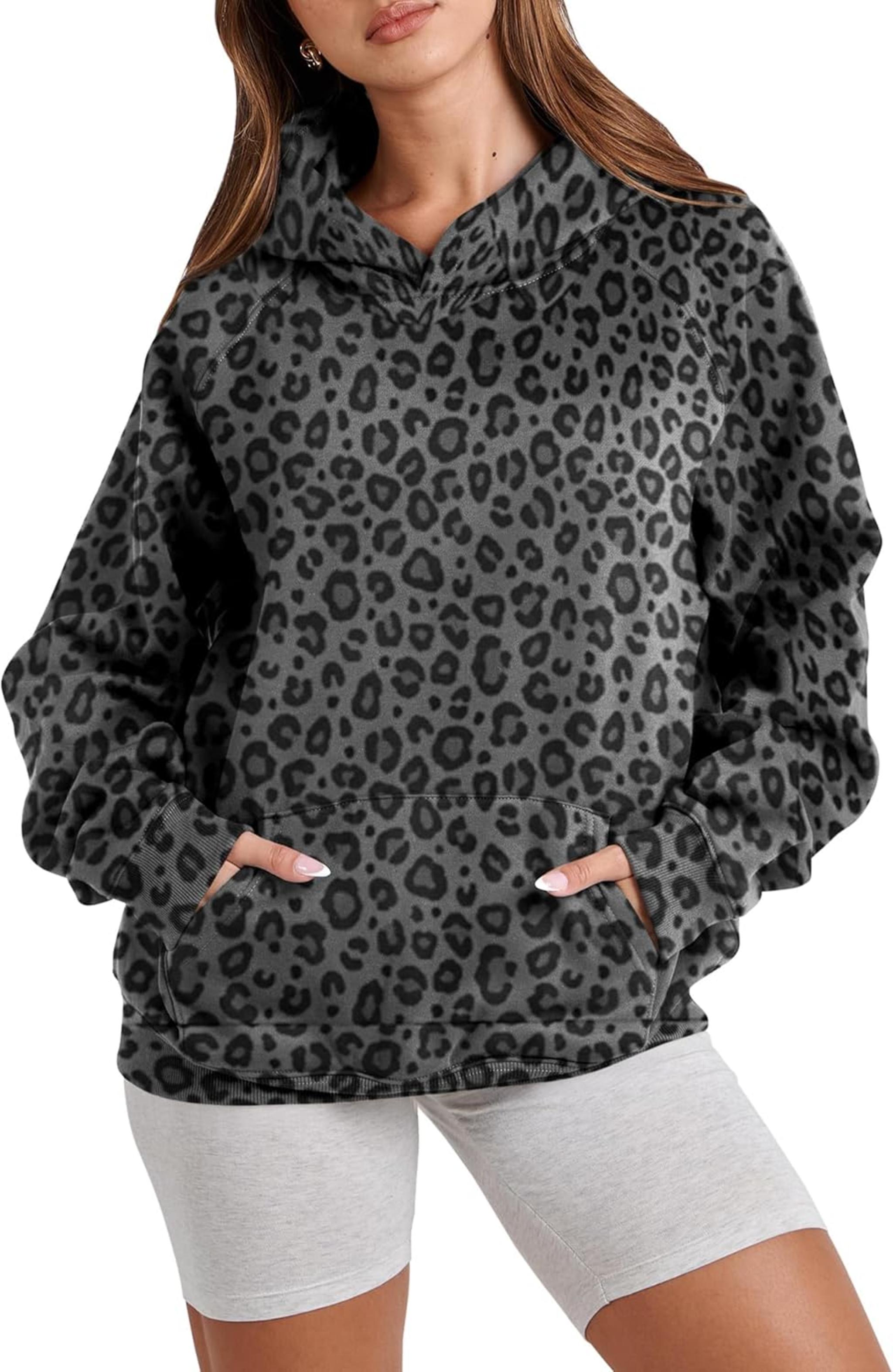 Women's Cheetah Print Oversized Fleece Hoodie with Pocket, Long Sleeve Pullover