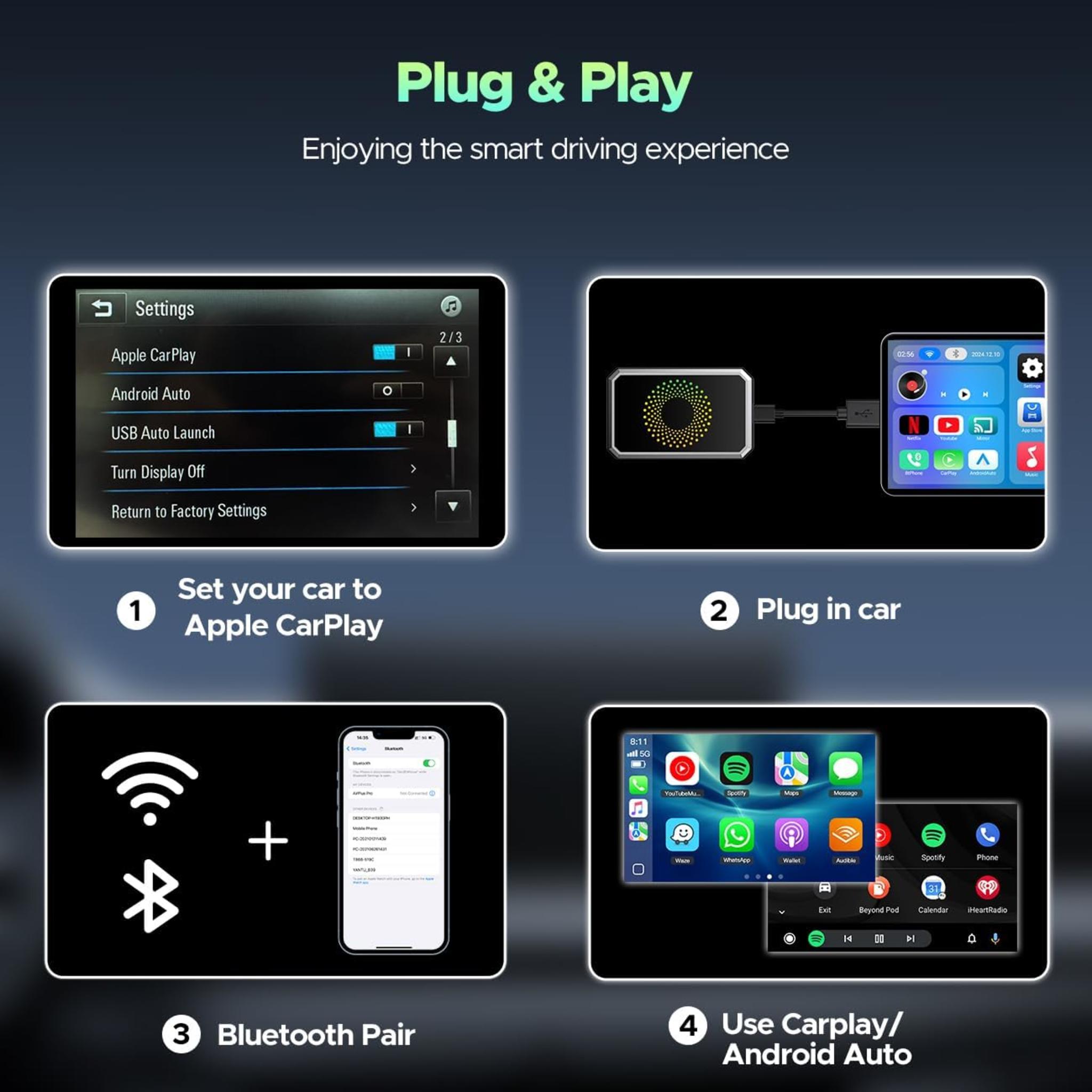 3-in-1 Wireless CarPlay Adapter with Video Streaming & USB Support