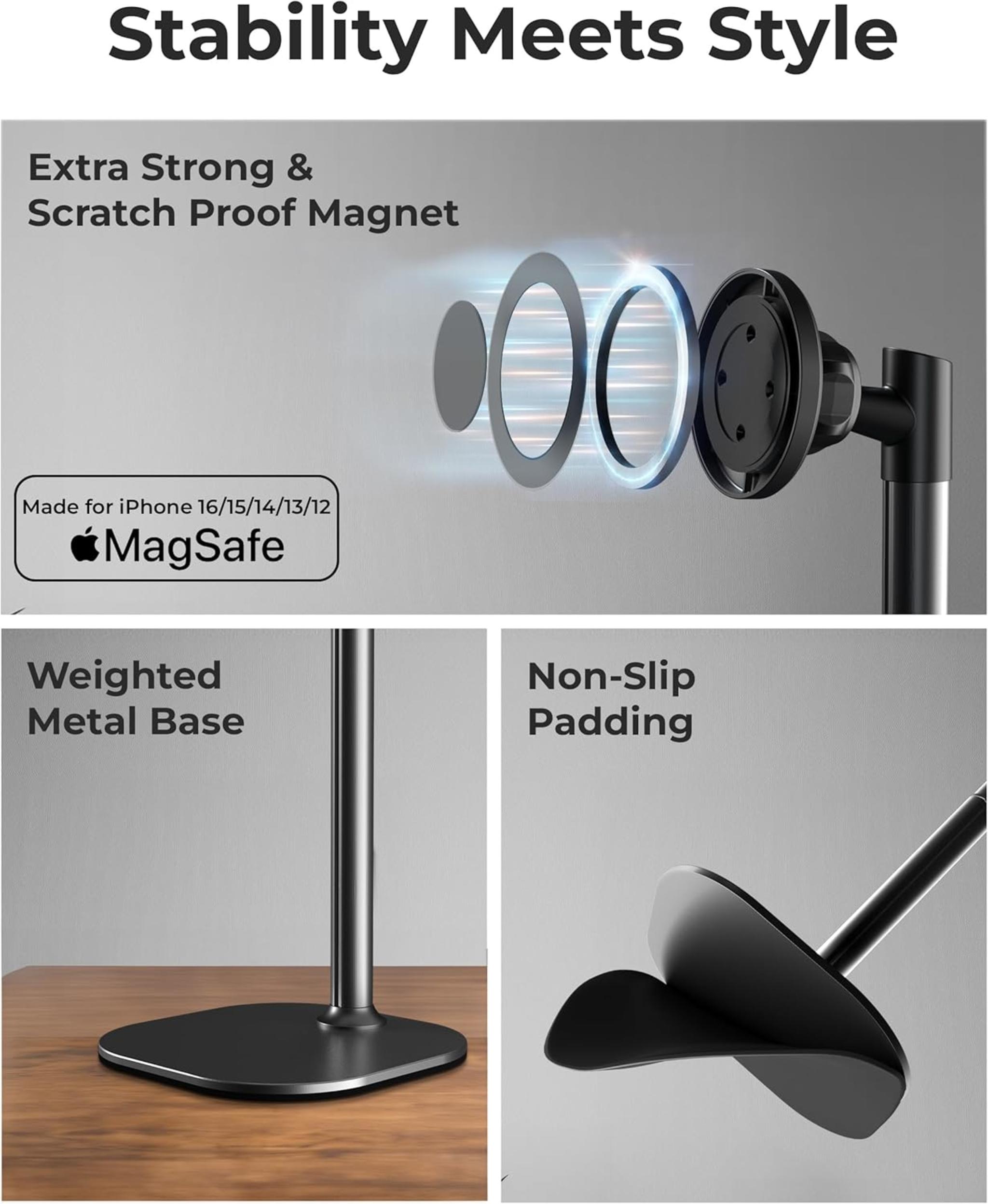 Adjustable Magnetic Phone Stand with 360° Rotation & Secure Base for Desk Use