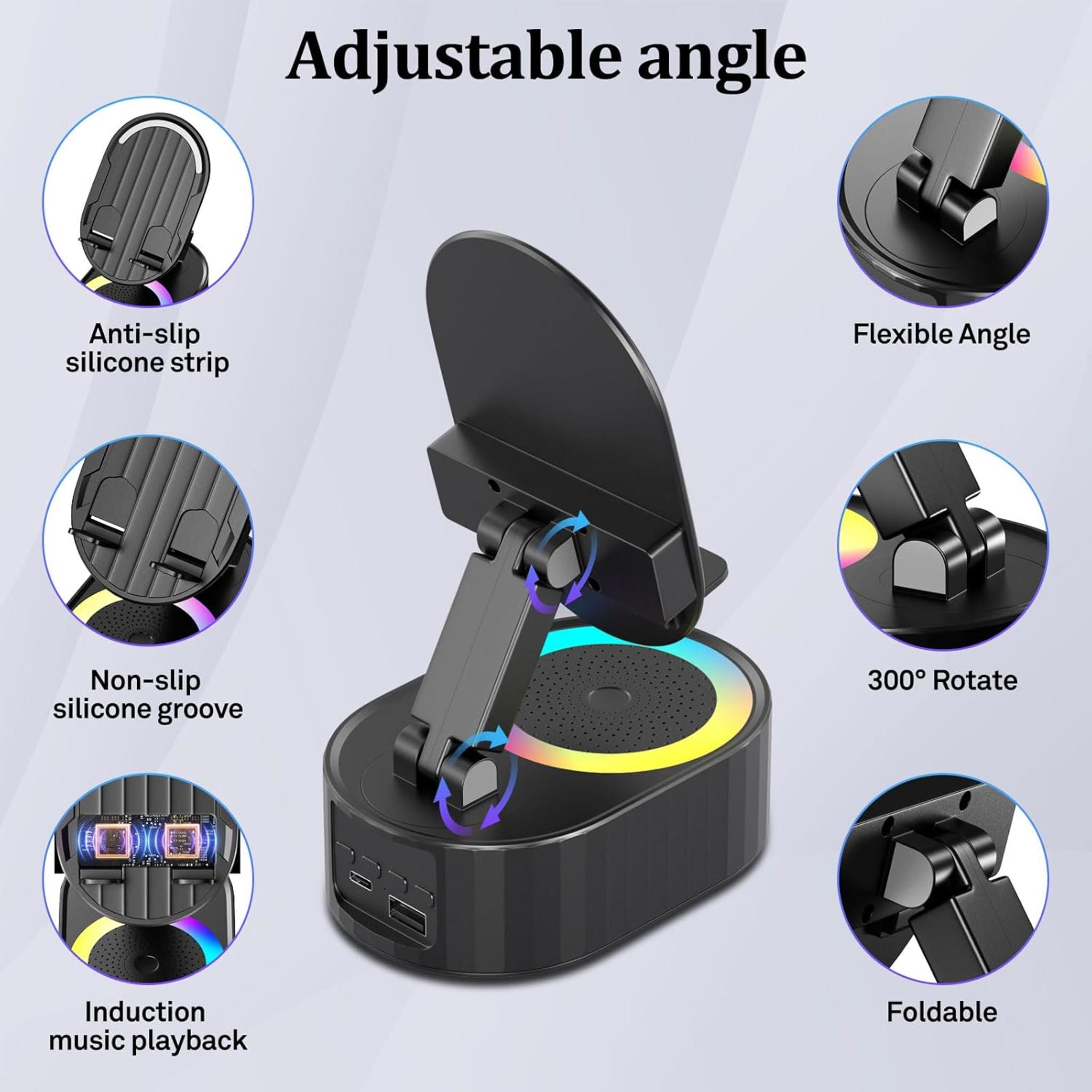 5-in-1 Wireless Induction Bluetooth Speaker with Phone Stand & Ambient Light