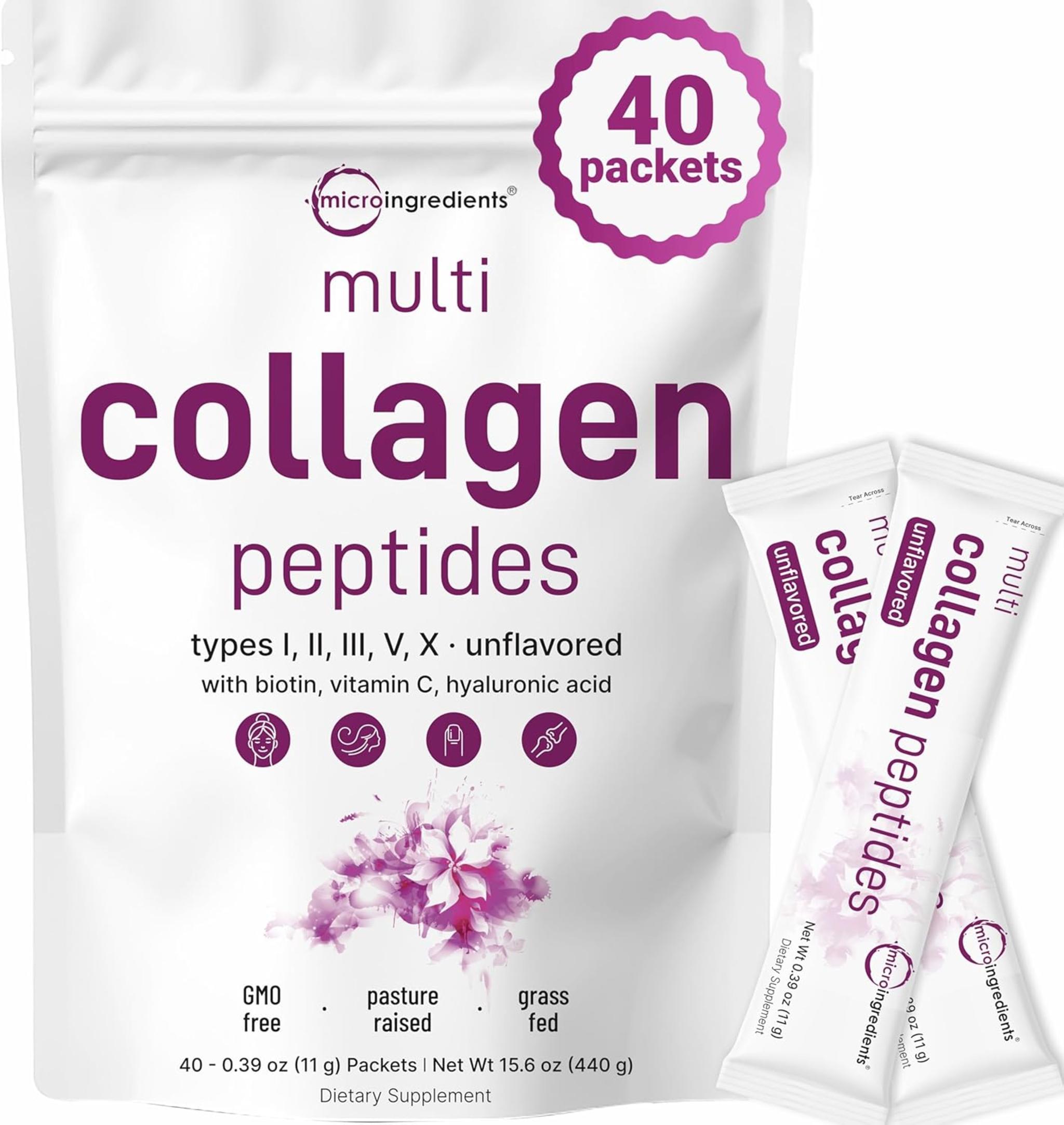 Multi Collagen Peptides Powder, 40 Stick Packs | Type I, II, III, V, X + Biotin, Vitamin C & Hyaluronic Acid