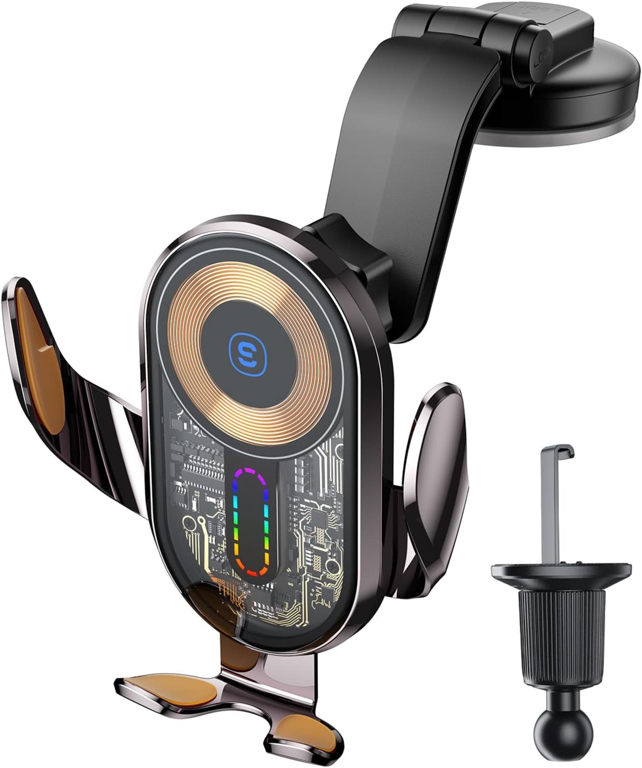 15W Fast Wireless Car Charger with Auto Clamping Phone Holder Mount