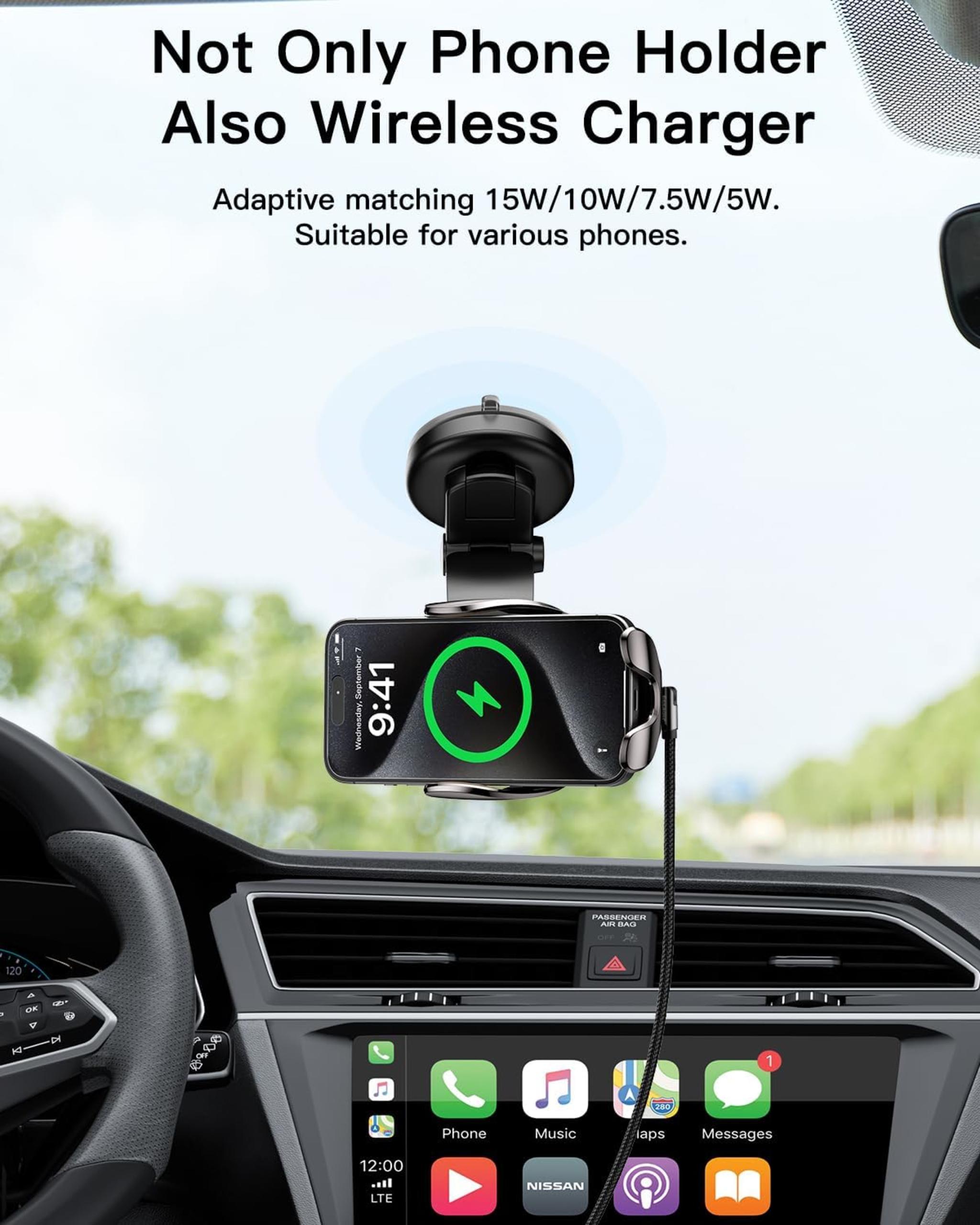 15W Fast Wireless Car Charger with Auto Clamping Phone Holder Mount