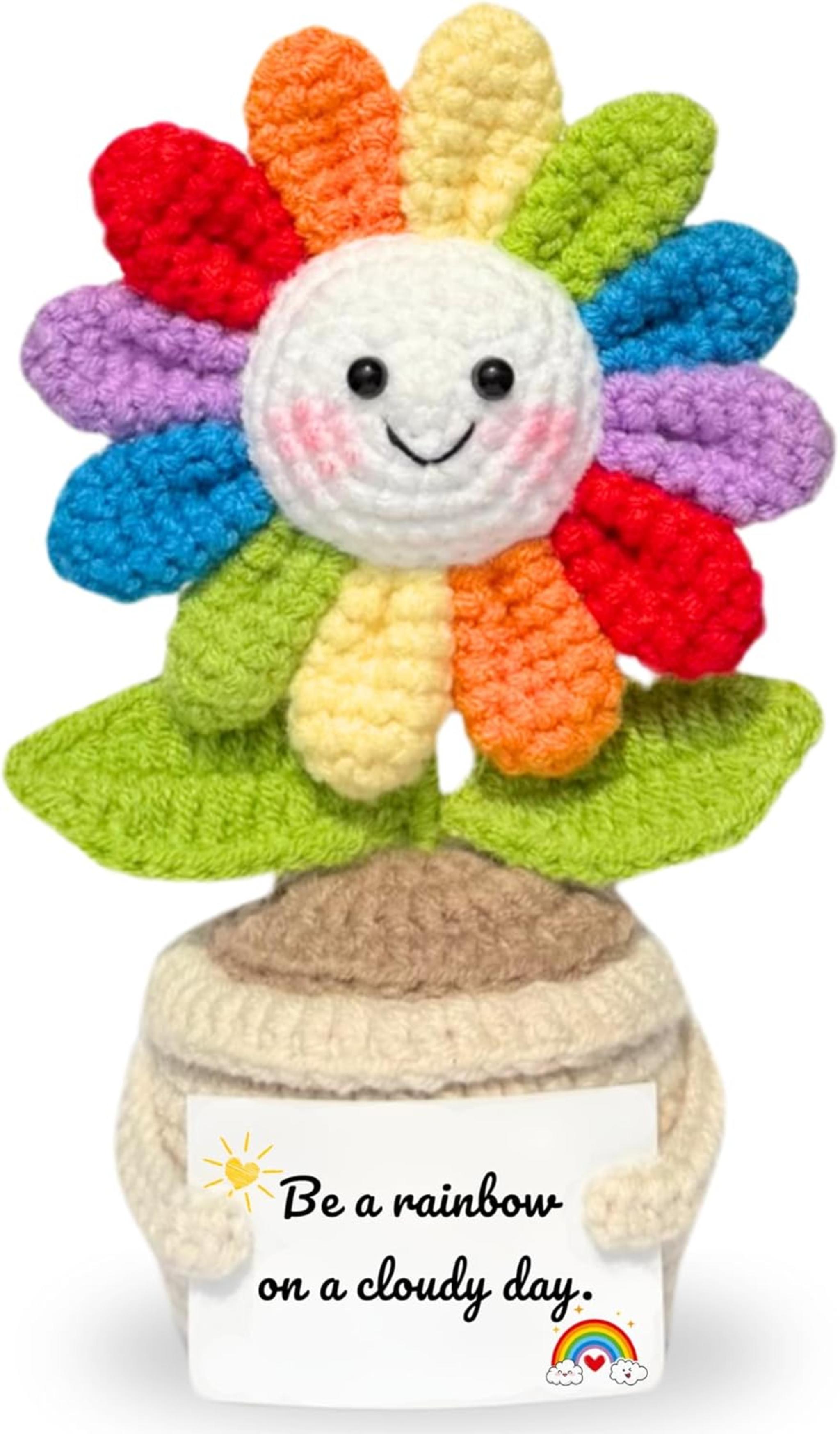 Handmade Rainbow Crochet Flower with Encouragement Card - Emotional Support Desk Decor Gift