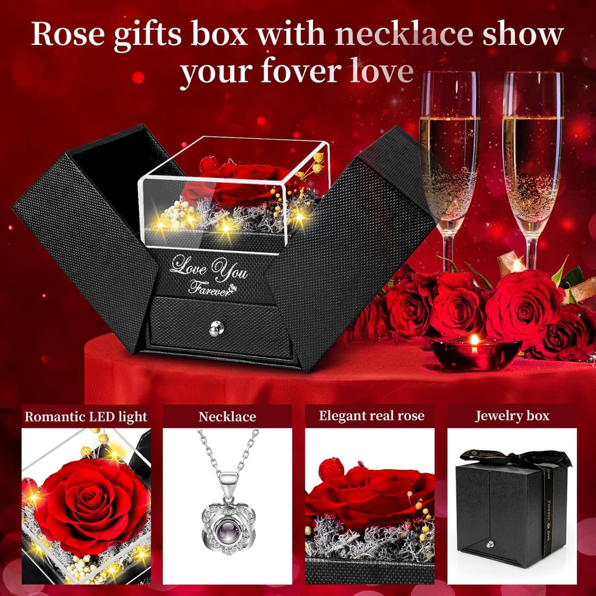 Preserved Red Rose with I Love You Necklace - Eternal Flower Gift