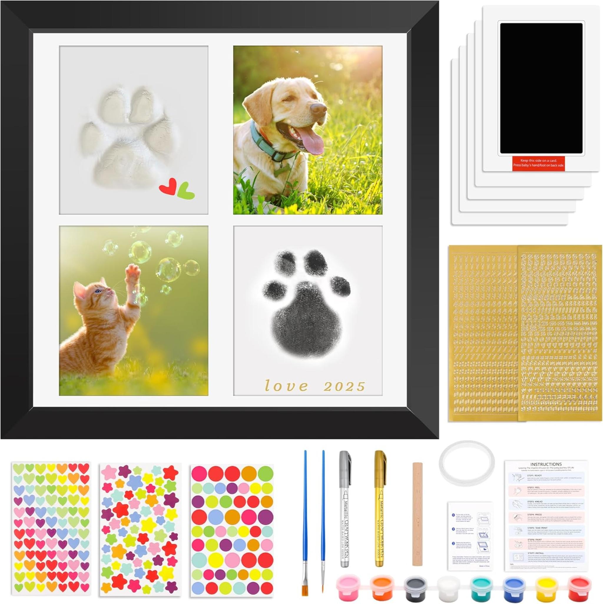 Pet Paw Print Kit with Photo Frame, Inkless Ink Pad, Clay and Paints for Dogs and Cats