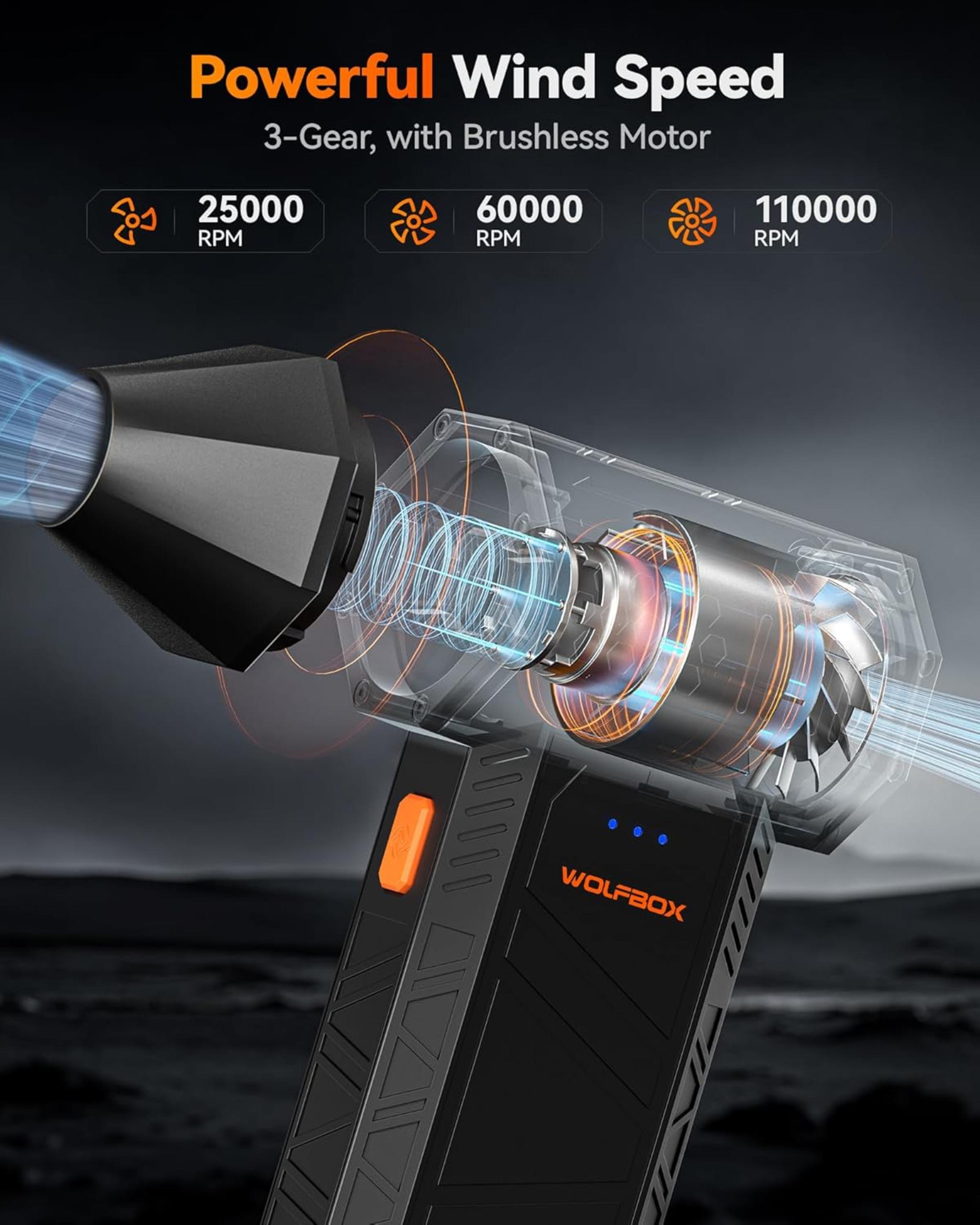 110000RPM Electric Air Duster with 3-Speed Settings, Fast Charging & 4 Nozzles