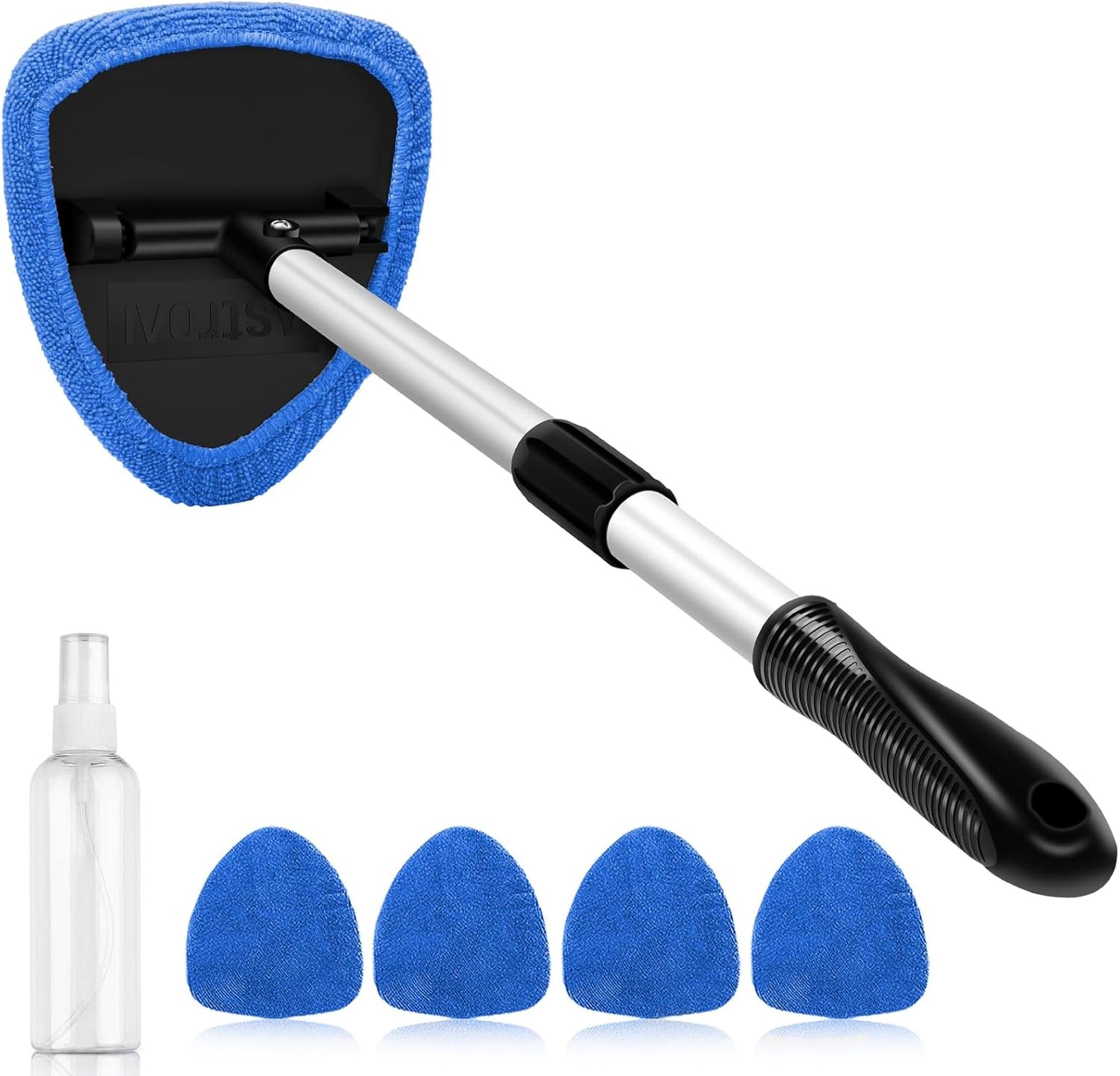 Extendable Windshield Cleaner with 4 Microfiber Pads, 180° Rotating Head for Car Interior Glass