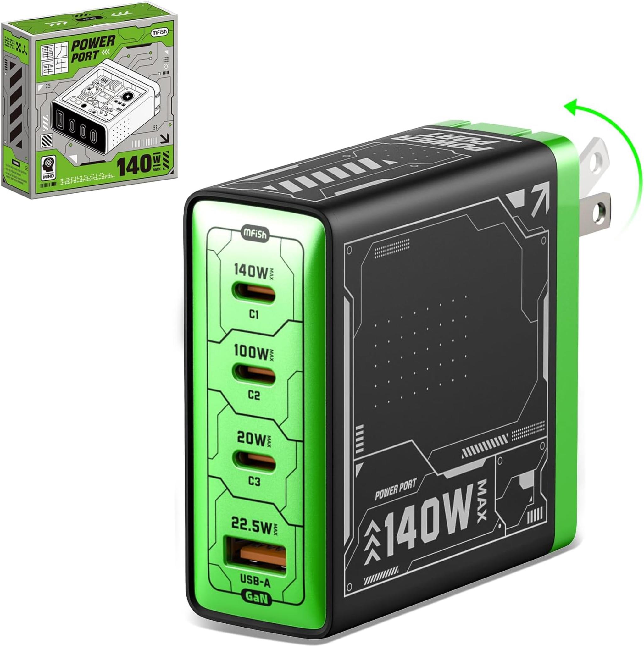 140W GaN Fast Charger with 4 Ports, Foldable Plug for Laptops, Phones & Tablets