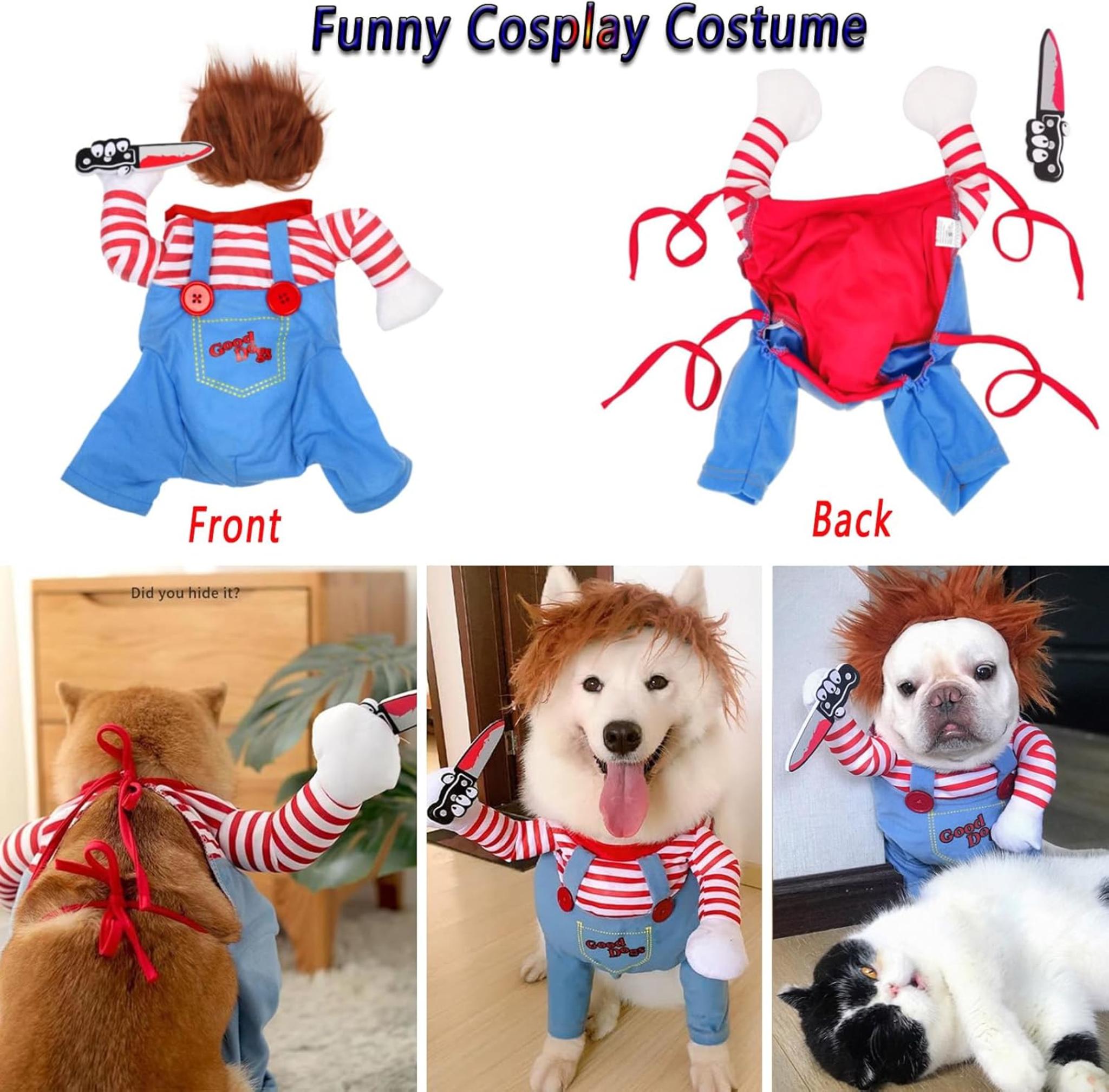 Chucky Killer Doll Pet Costume with Foam Knife & Wig - Cosplay for Dogs & Cats