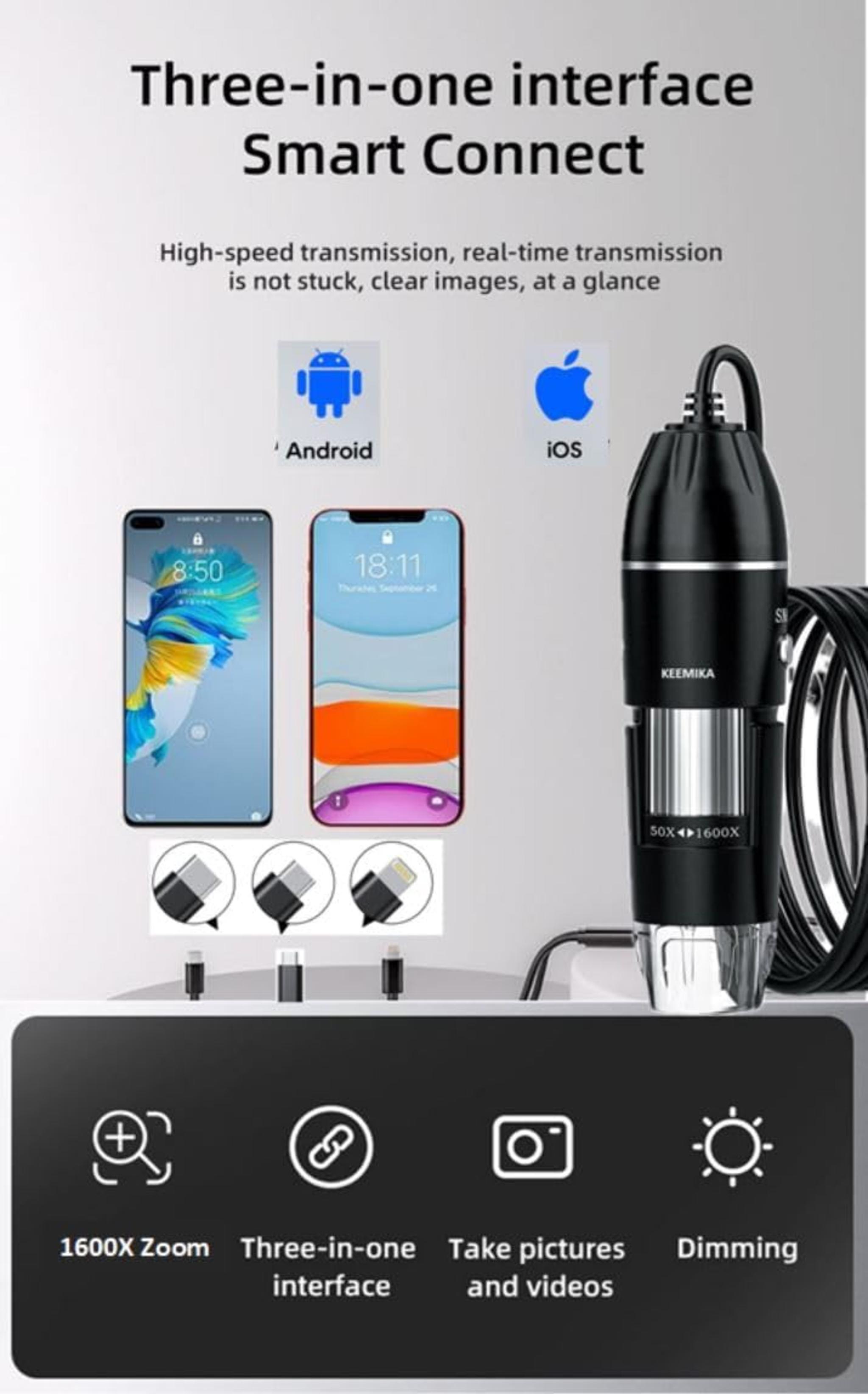 USB Digital Microscope with 50x-1600x Magnification, 1440P HD Camera, 8 LED Lights for iOS/Android