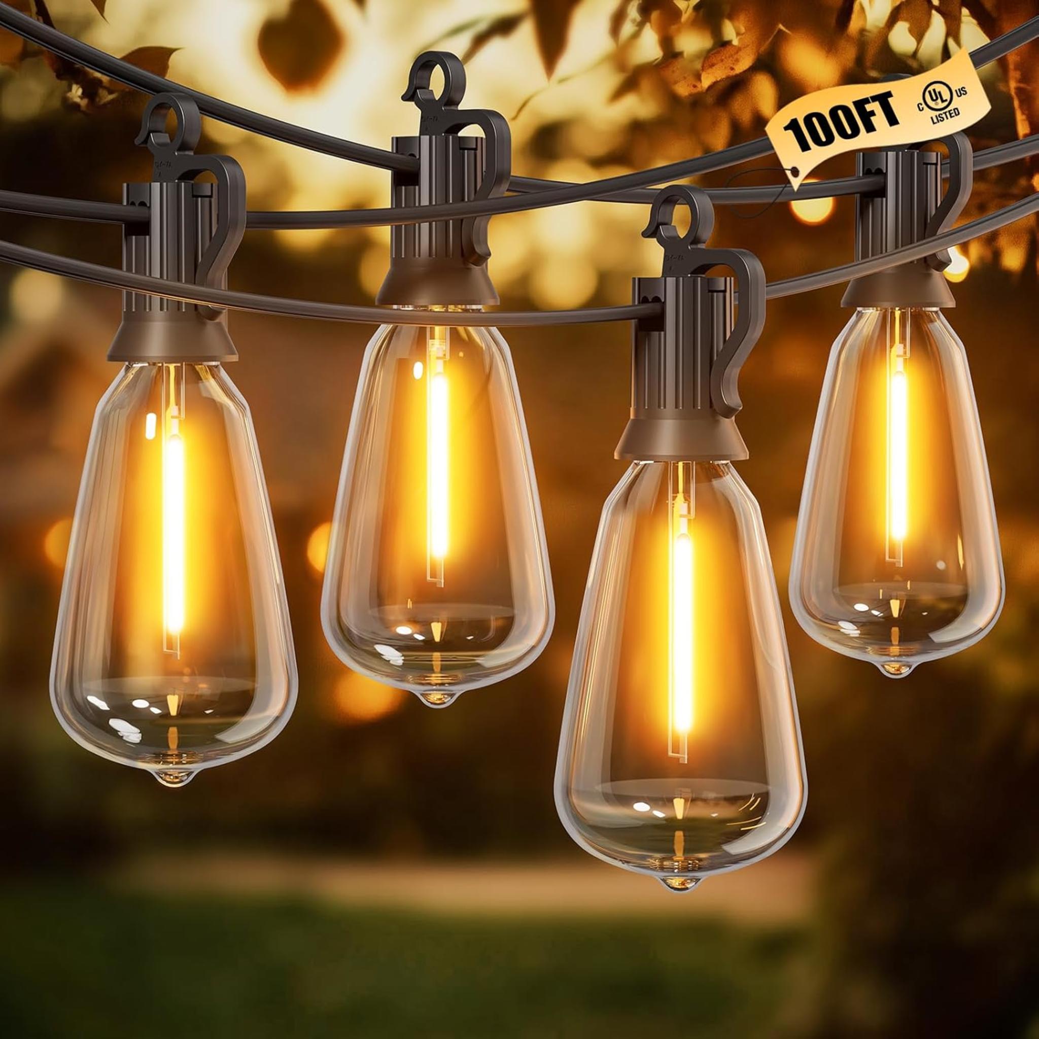 100FT Outdoor String Lights with 32 Shatterproof Dimmable LED Bulbs, Waterproof Connectable Patio Lighting