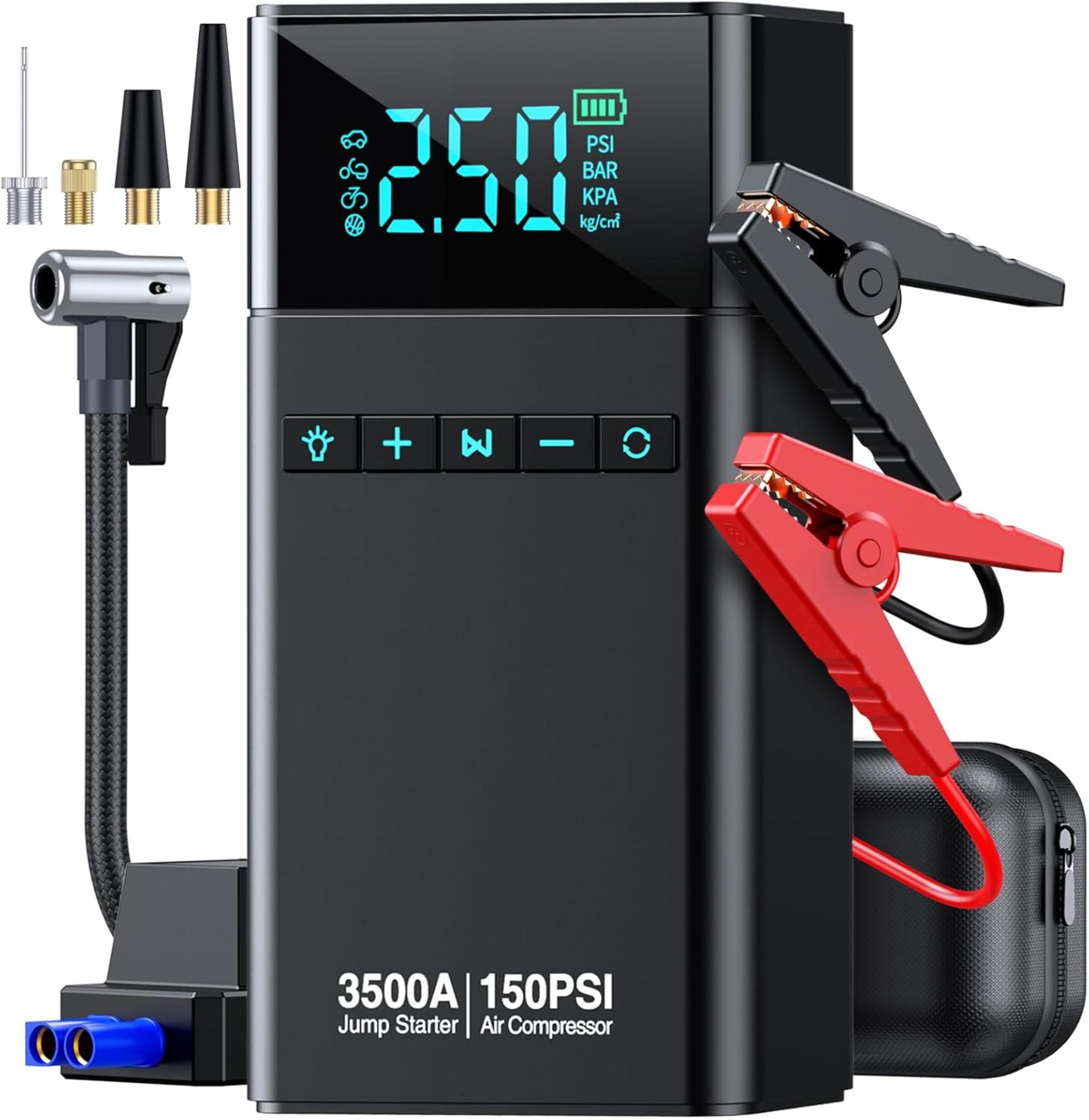 3500A 10-in-1 Portable Car Jump Starter with Air Compressor, 150PSI Tire Inflator & Power Bank